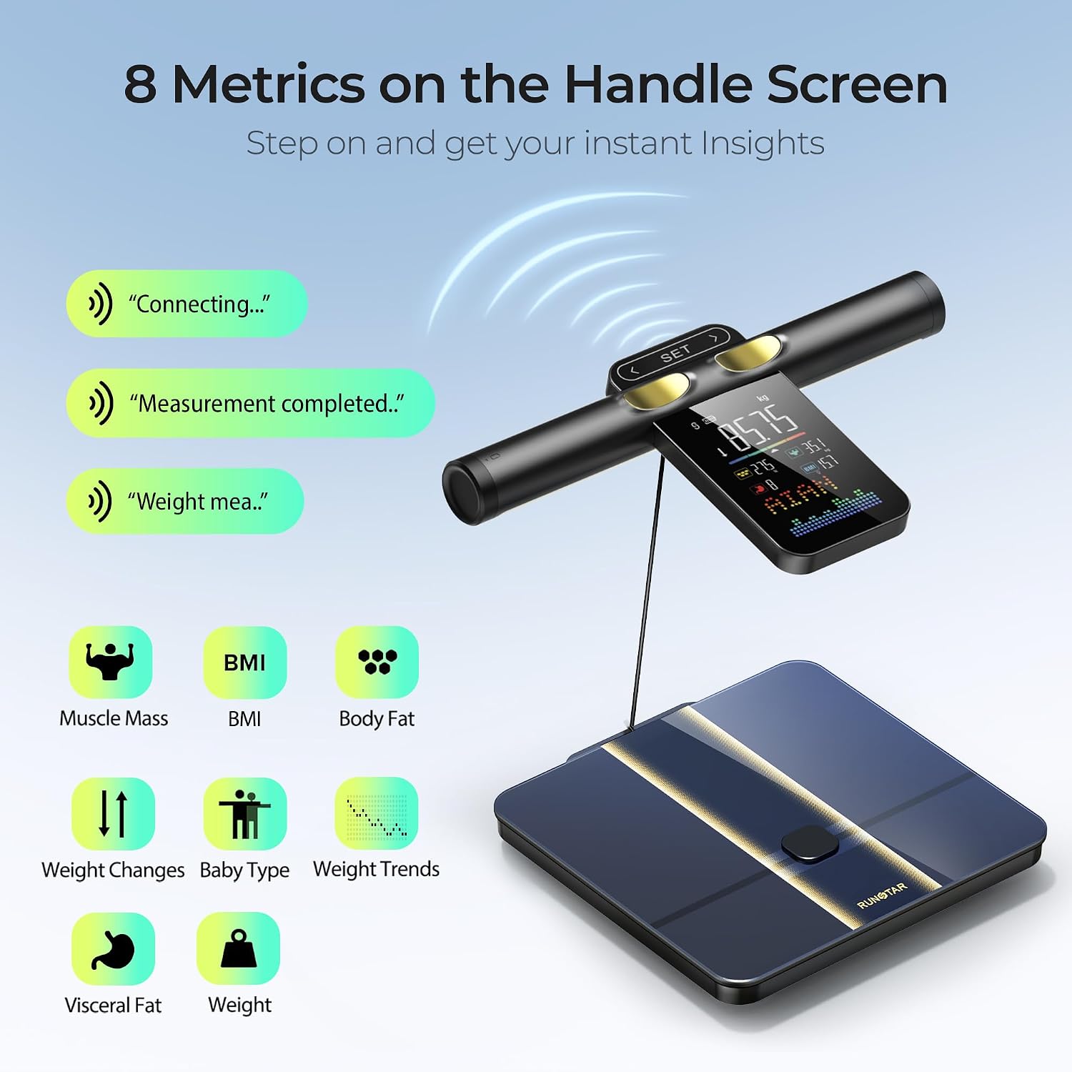 RunStar Smart Scale for Body Weight with Set-Function Handle. 50+ Metrics | 8-Electrode High Accuracy Digital Bathroom Scale. Sync Fitness APP. Voice Prompt. Full Body Analysis Report. 400lb. BlueBlack