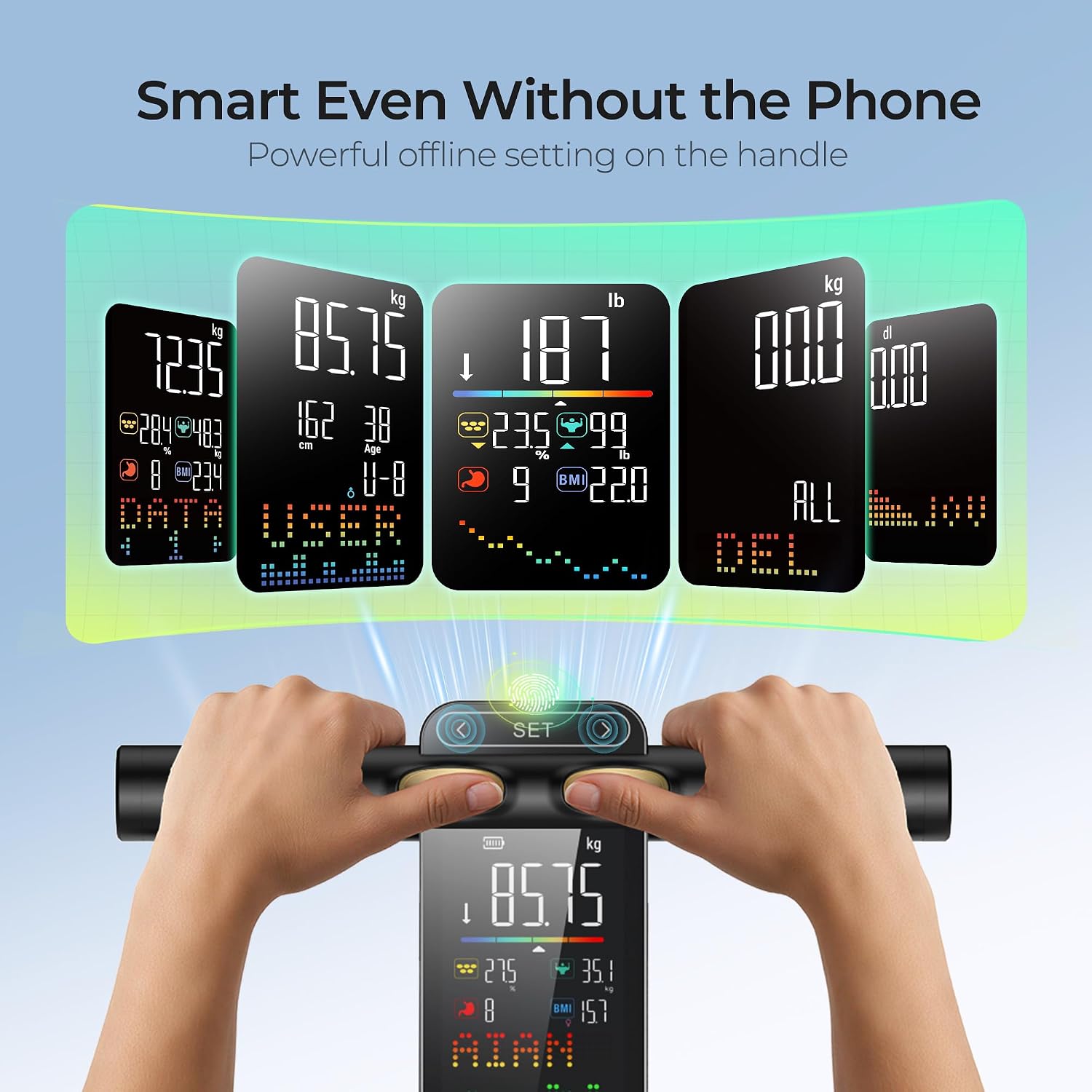 RunStar Smart Scale for Body Weight with Set-Function Handle. 50+ Metrics | 8-Electrode High Accuracy Digital Bathroom Scale. Sync Fitness APP. Voice Prompt. Full Body Analysis Report. 400lb. BlueBlack