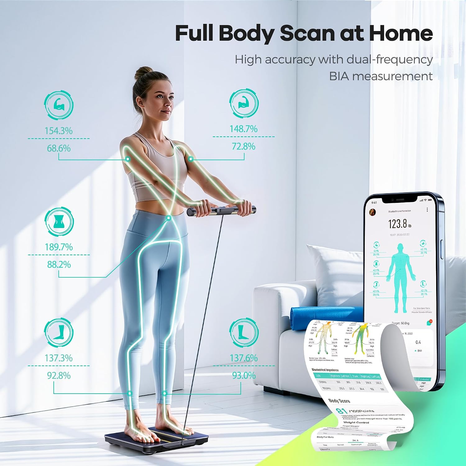 RunStar Smart Scale for Body Weight with Set-Function Handle. 50+ Metrics | 8-Electrode High Accuracy Digital Bathroom Scale. Sync Fitness APP. Voice Prompt. Full Body Analysis Report. 400lb. BlueBlack