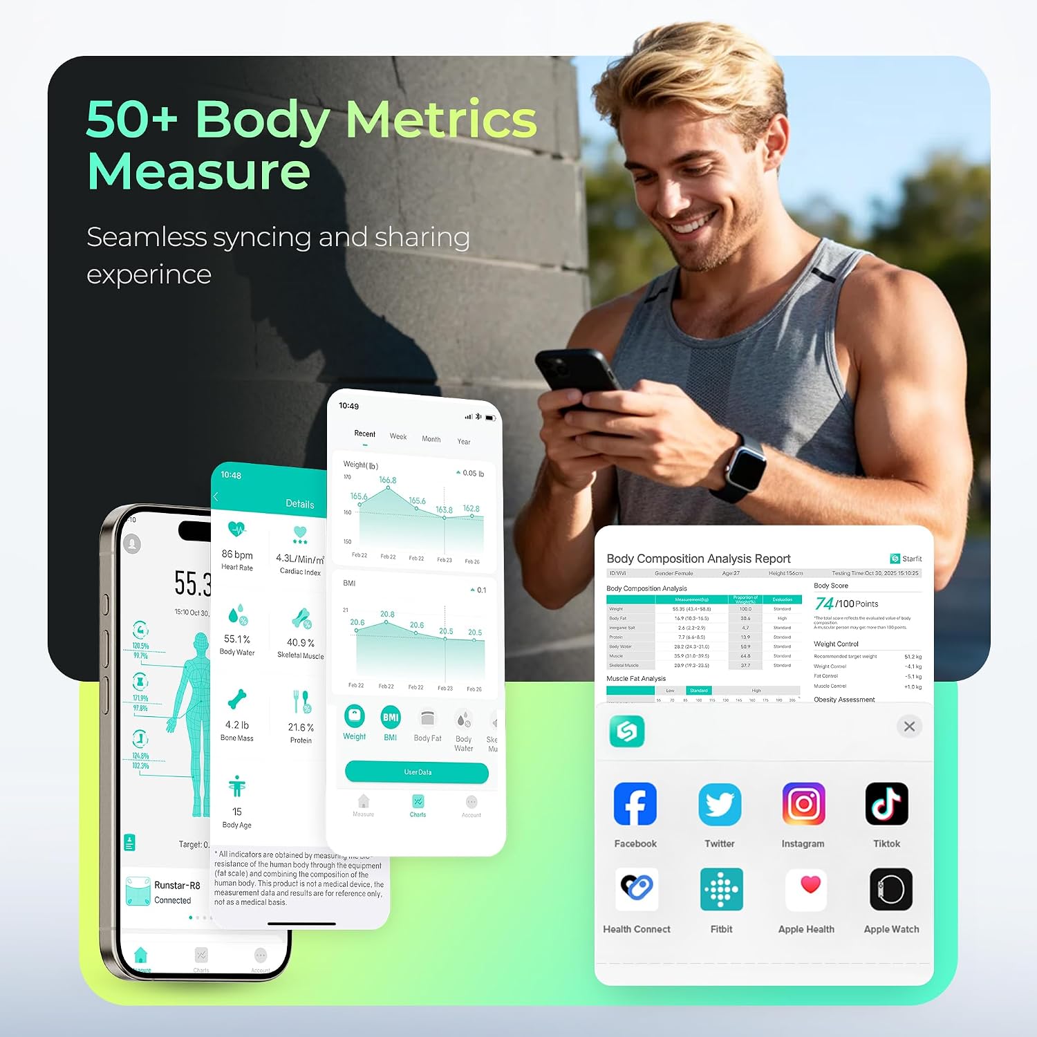 RunStar Smart Scale for Body Weight with Set-Function Handle. 50+ Metrics | 8-Electrode High Accuracy Digital Bathroom Scale. Sync Fitness APP. Voice Prompt. Full Body Analysis Report. 400lb. BlueBlack