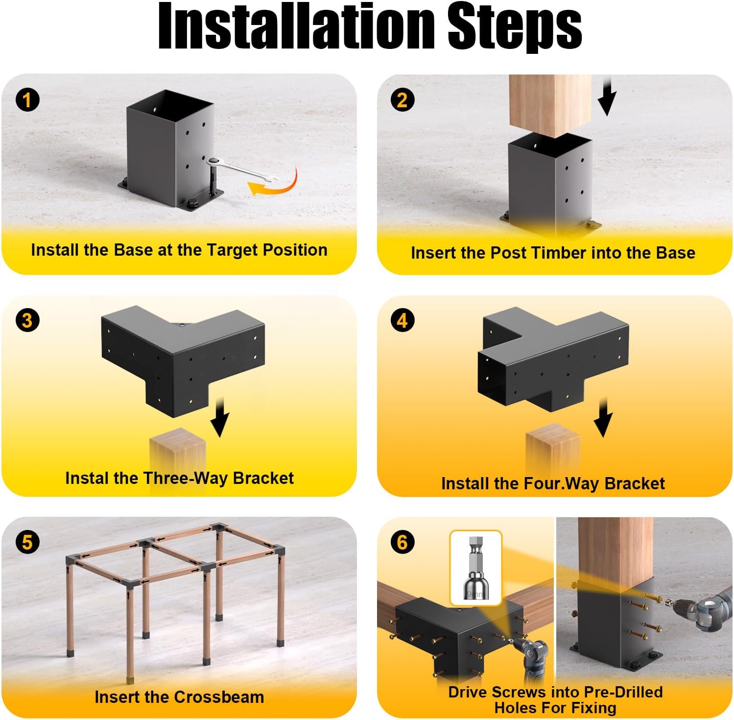 Pergola Bracket kit for 4x 4 (Inner 3.5 X 3.5) Lumber (12 pc) | Heavy Duty 13-Gauge Steel.DIY Pergola Hardware Kit with 3-Way & 4-Way Corner Bracket for Gazebo.Gardens.Pergolas