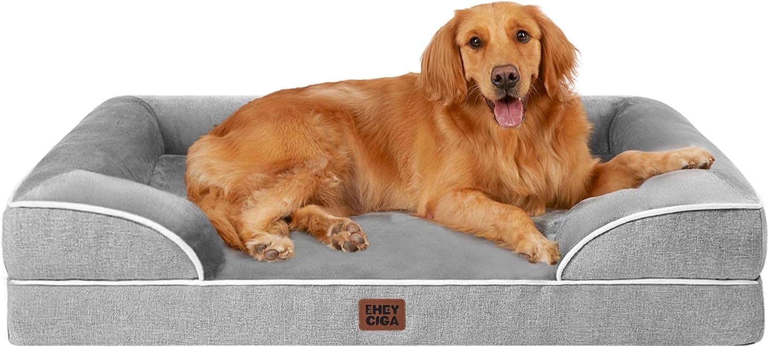 EHEYCIGA Orthopedic Extra Large Dog Bed. Waterproof Washable XL Pet Bed 44 | Non-Slip Bottom and Egg-Crate Polyurethane Foam Big Dog Couch Bed with Washable Removable Cover. Grey