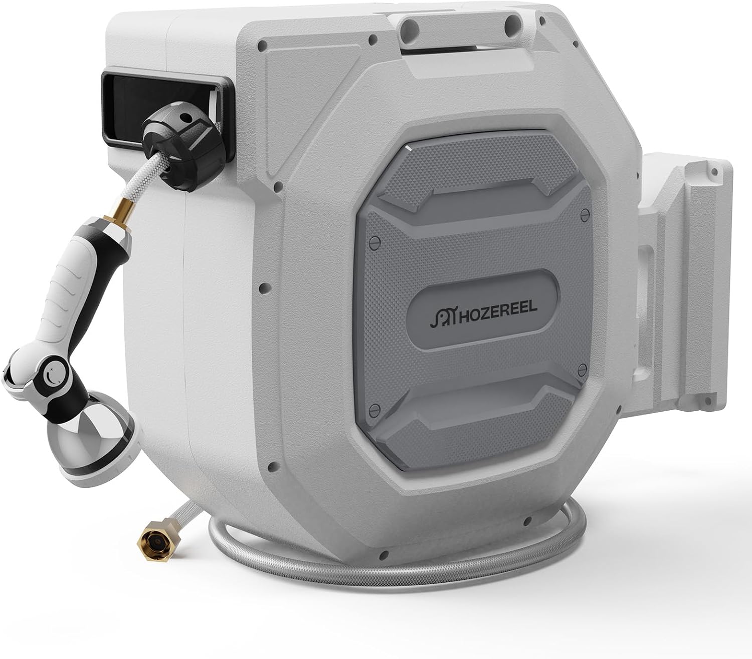 HOZEREEL 5/8 x 100 ft Heavy Duty Retractable Hose Reel Grey | Garden Hose Reel 180°Swivel Wall Mount. UV Resistant. Slow Self Retract System. Upgraded Any Length Lock. 10 Pattern Nozzle