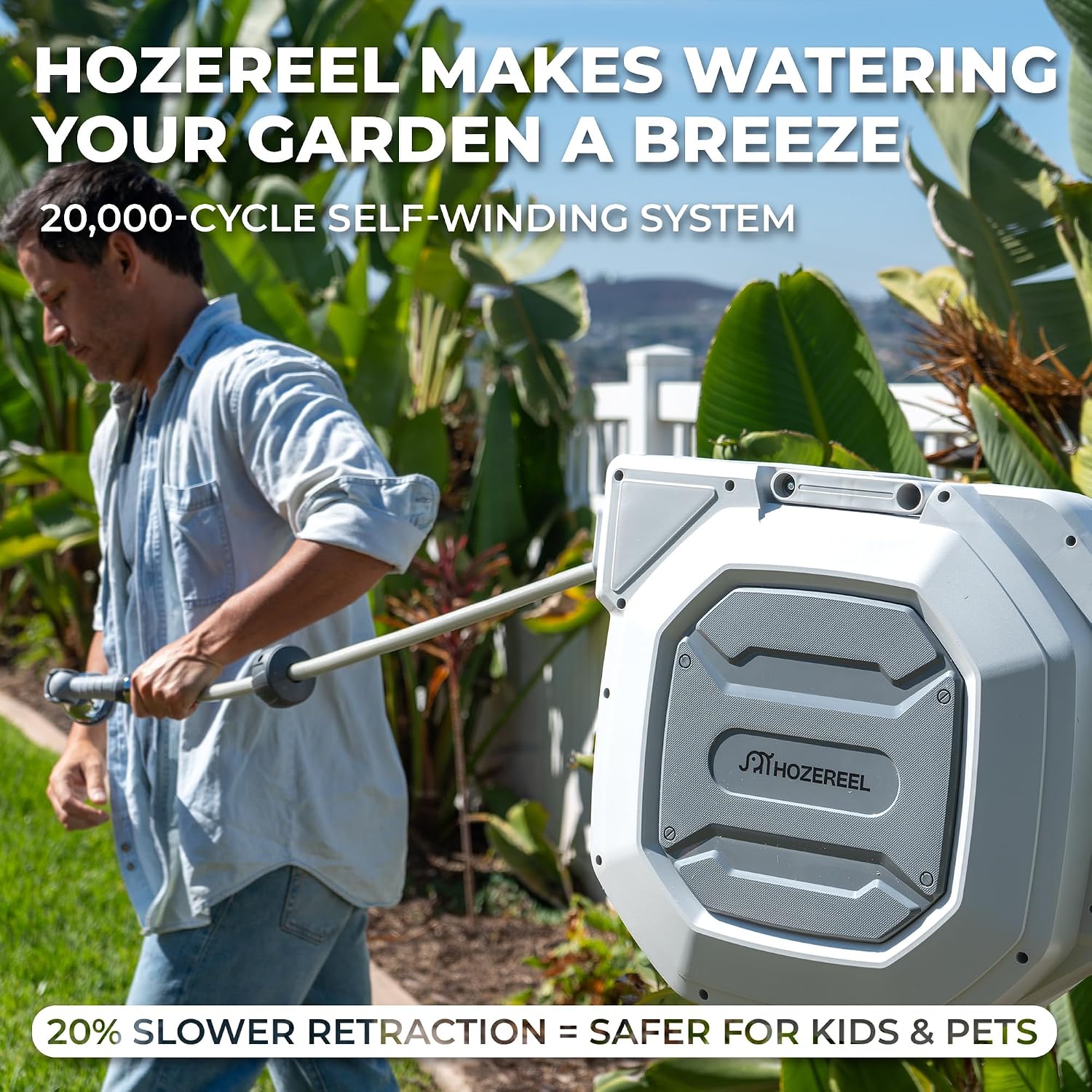 HOZEREEL 5/8 x 100 ft Heavy Duty Retractable Hose Reel Grey | Garden Hose Reel 180°Swivel Wall Mount. UV Resistant. Slow Self Retract System. Upgraded Any Length Lock. 10 Pattern Nozzle