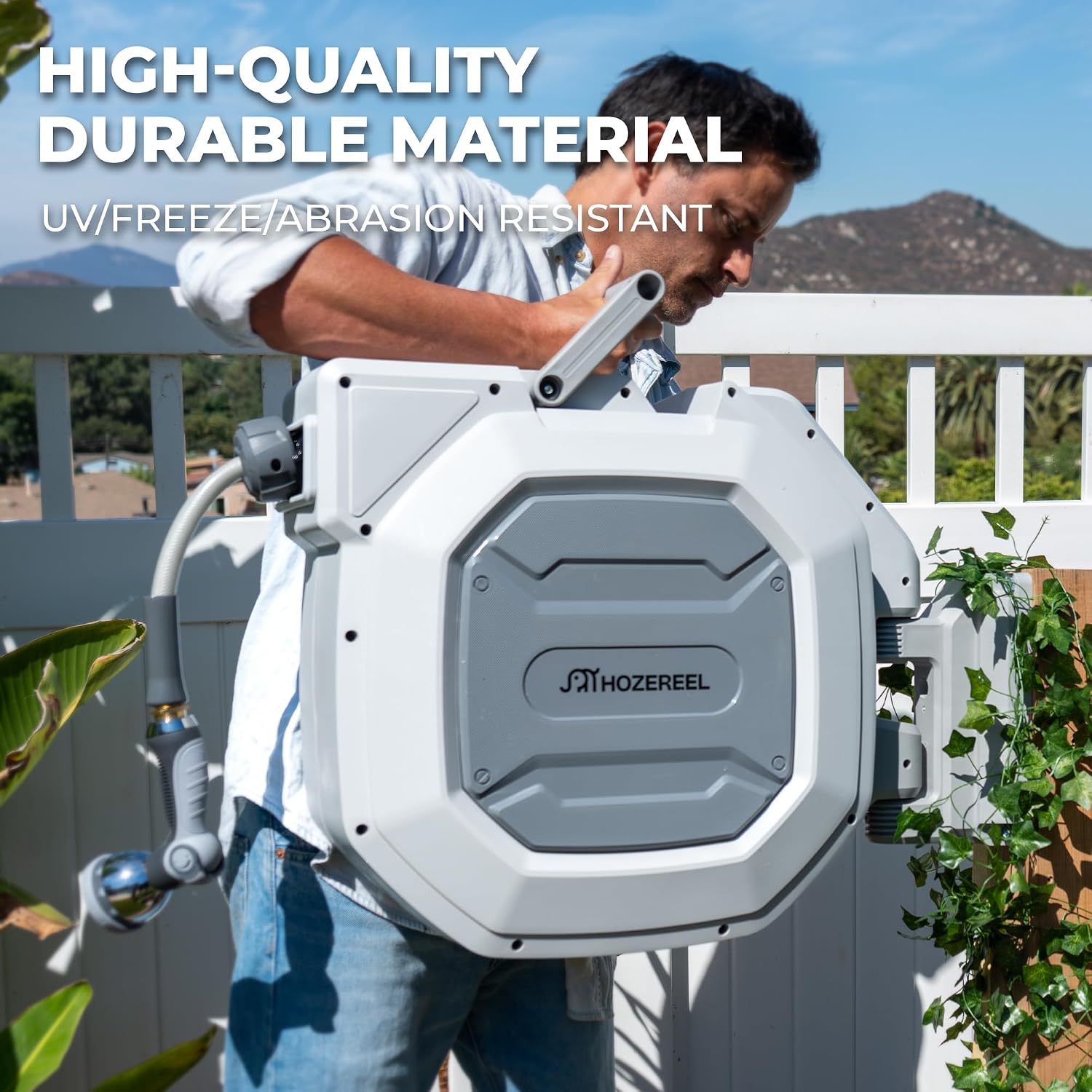 HOZEREEL 5/8 x 100 ft Heavy Duty Retractable Hose Reel Grey | Garden Hose Reel 180°Swivel Wall Mount. UV Resistant. Slow Self Retract System. Upgraded Any Length Lock. 10 Pattern Nozzle