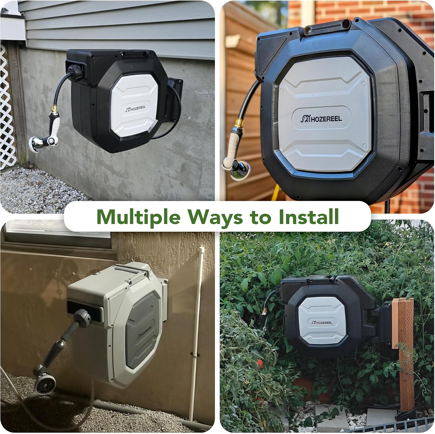 HOZEREEL 5/8 x 100 ft Heavy Duty Retractable Hose Reel Grey | Garden Hose Reel 180°Swivel Wall Mount. UV Resistant. Slow Self Retract System. Upgraded Any Length Lock. 10 Pattern Nozzle
