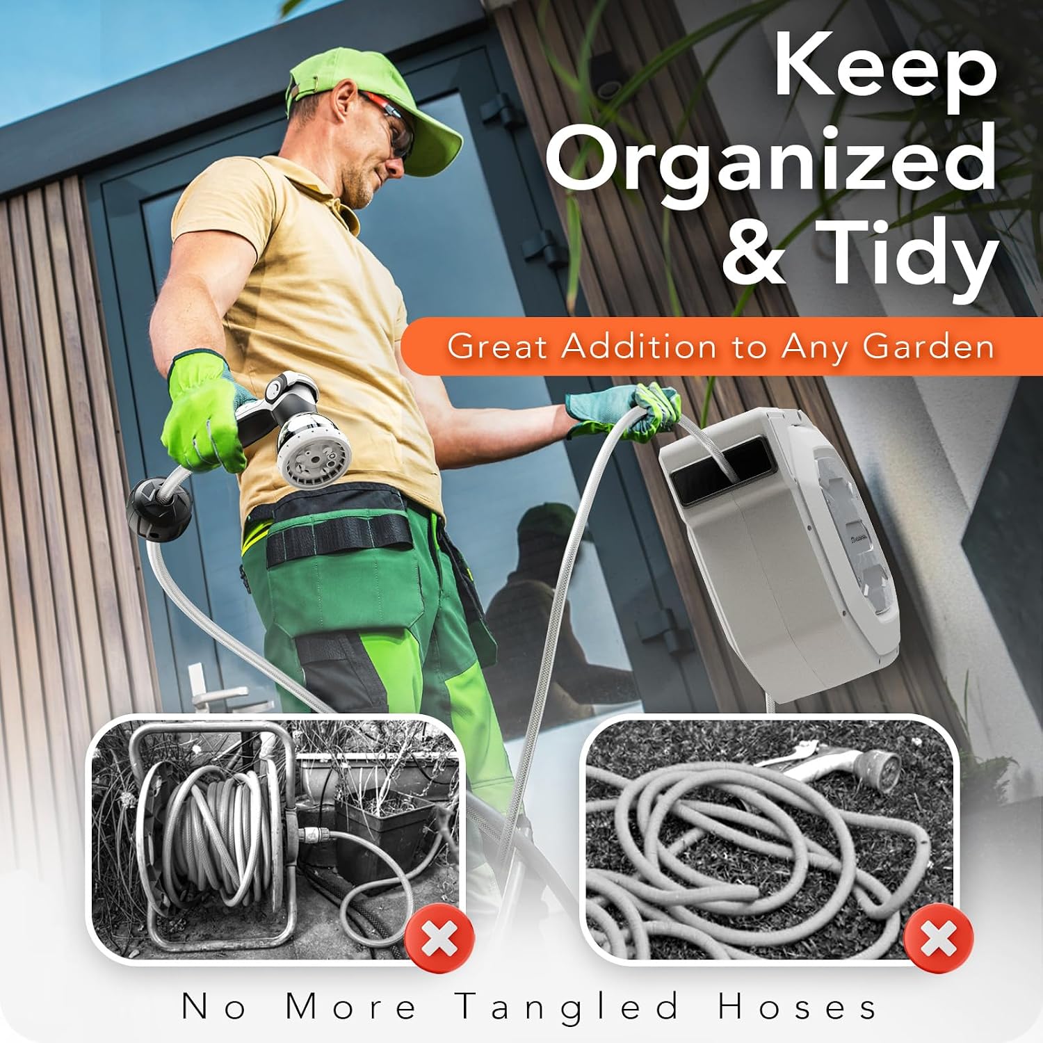 HOZEREEL 5/8 x 100 ft Heavy Duty Retractable Hose Reel Grey | Garden Hose Reel 180°Swivel Wall Mount. UV Resistant. Slow Self Retract System. Upgraded Any Length Lock. 10 Pattern Nozzle
