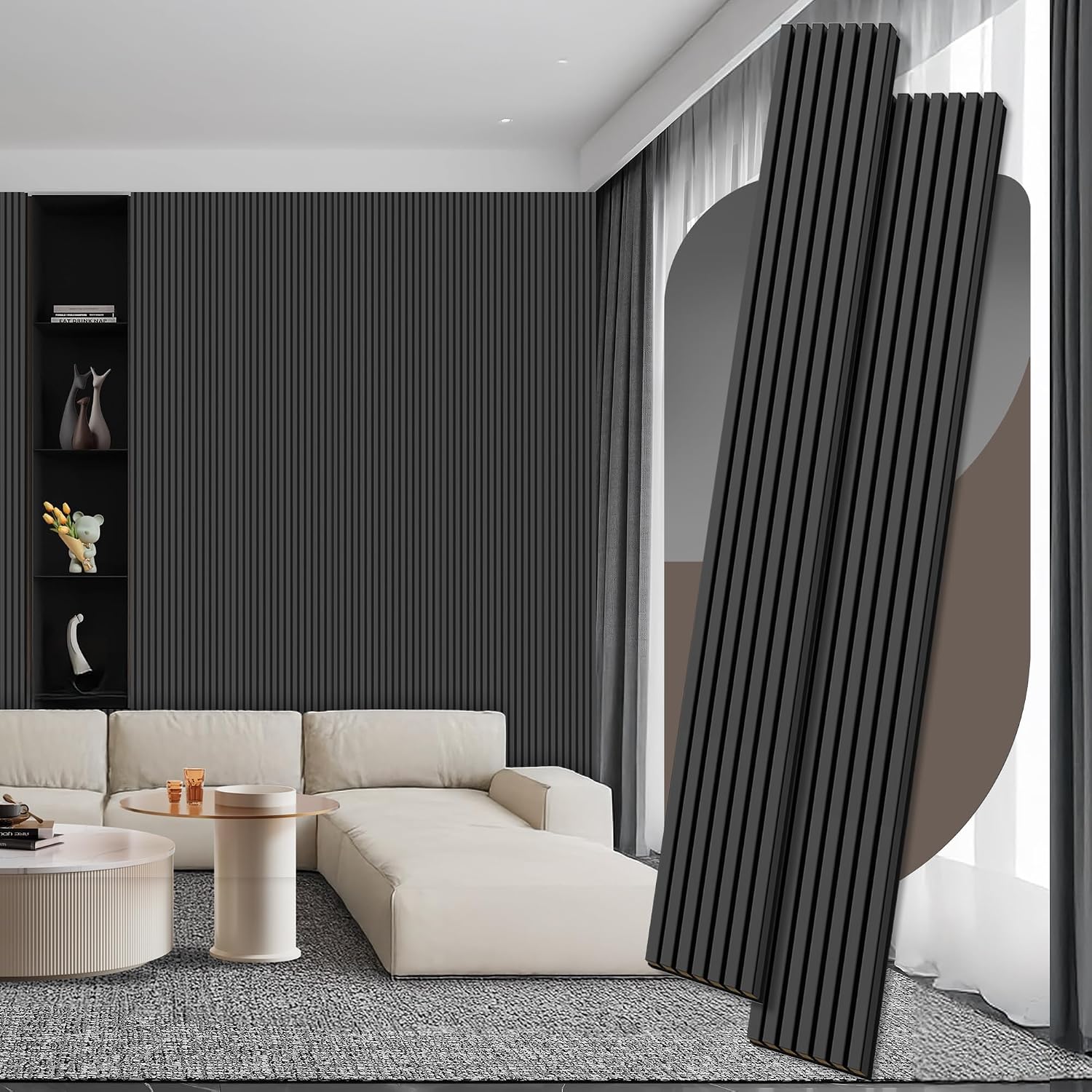 RITOLLO Wood Panels for Wall. 106.3 × 11 Wood Slat Acoustic Panels for Wall. Soundproof Panels. 3D Fluted Panels for Interior Wall Decor Matte Black-106.3×11(2pcs