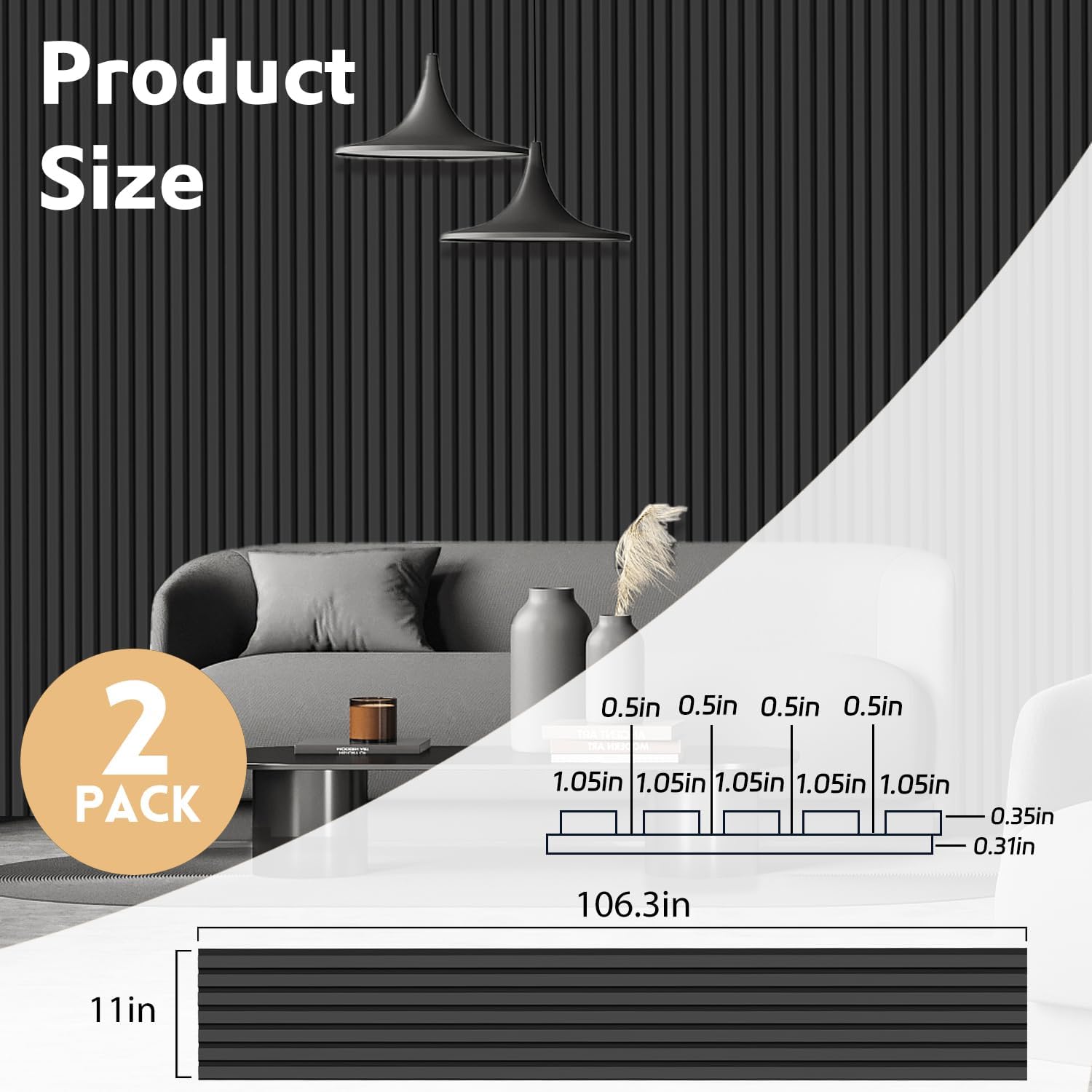 RITOLLO Wood Panels for Wall. 106.3 × 11 Wood Slat Acoustic Panels for Wall. Soundproof Panels. 3D Fluted Panels for Interior Wall Decor Matte Black-106.3×11(2pcs