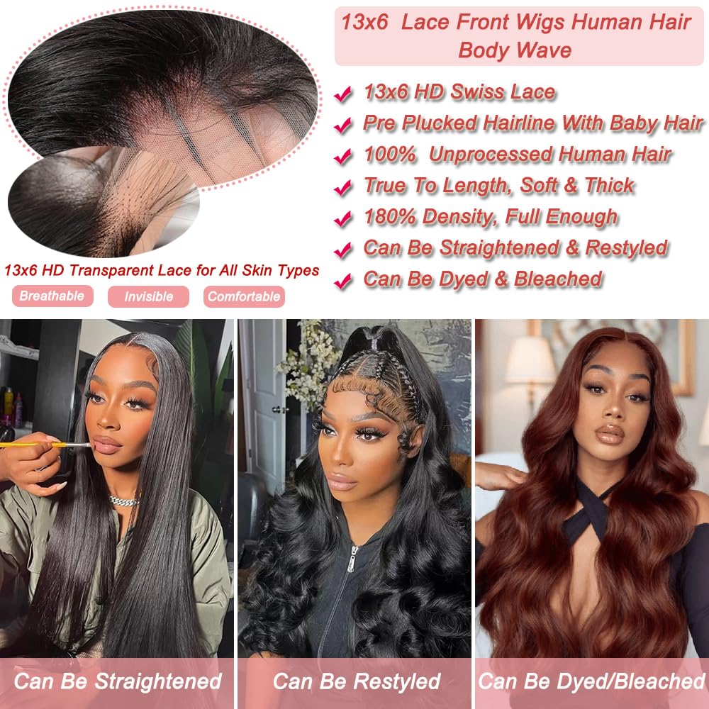 Body Wave Lace Front Wigs Human Hair 13x6 Lace Frontal Wigs for Black Women | 30 inch Human Hair Wigs 180 Density 13x6 Body Wave Wig HD Transparent Lace Glueless Wig Pre Plucked Human Hair Lace Front Wig
