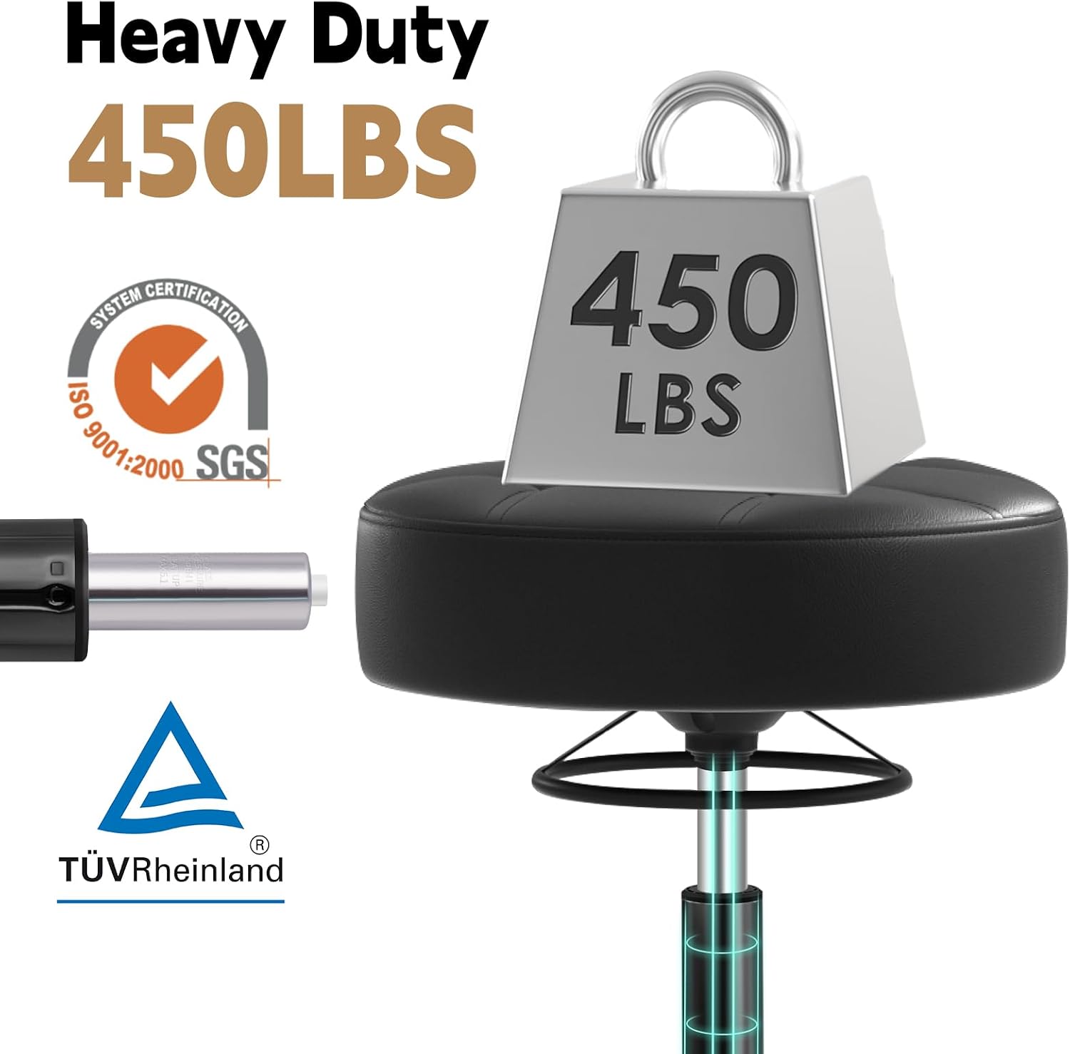 YEEZEE Rolling Stool Heavy Duty 450lb. Adjustable Stool with Wheels. Black1 | Reinforced with Golden Alloy Steel. Super Soft Thick Cushion. 360° Swivel. Smooth Rolling NO Noises. for Massage Tattoo Spa