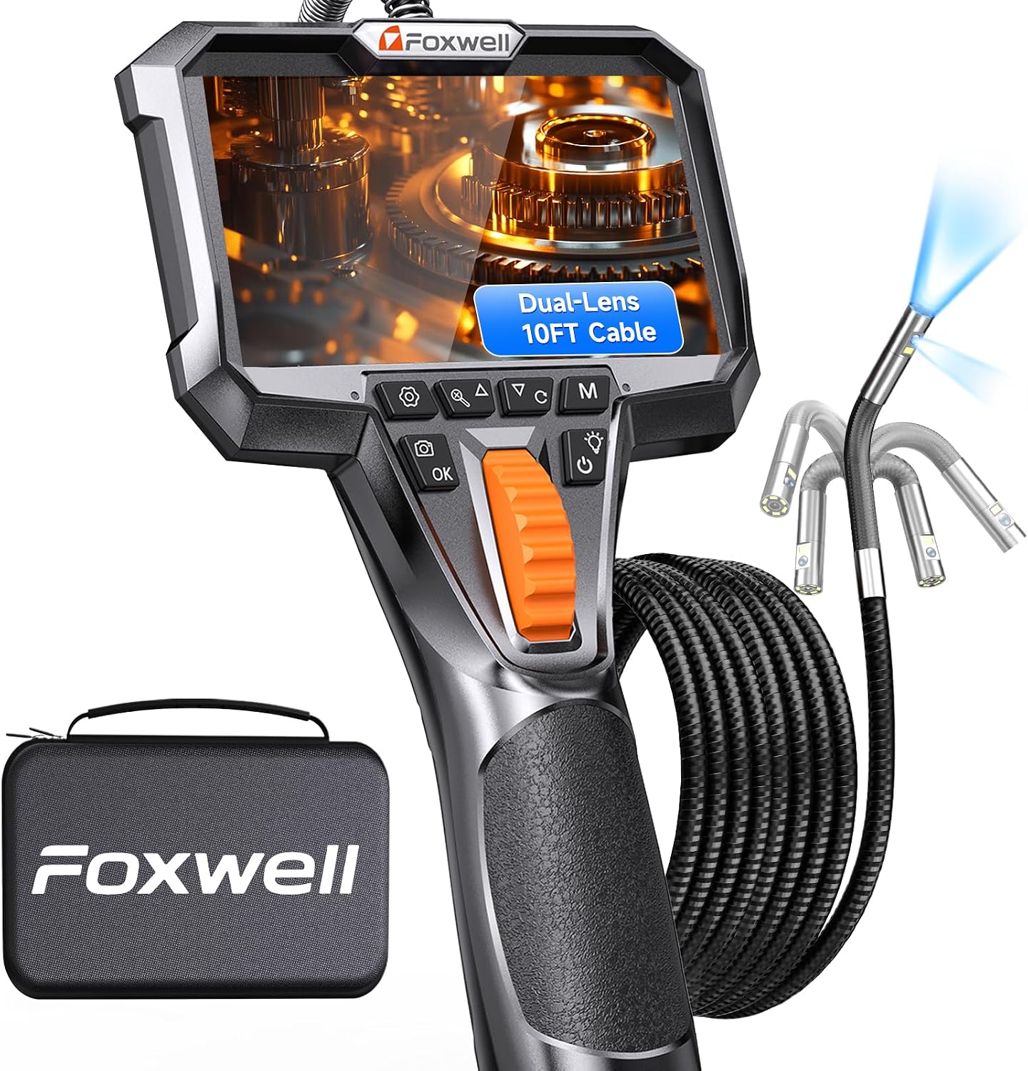 FOXWELL 10FT Dual Lens Borescope. 220° 2-Way Articulating Endoscope Camera | with Light. HD IPS Display. Semi-Rigid Snake Probe. Industrial Borescopes for Automotive Engine Pipe HVAC & Home Inspection