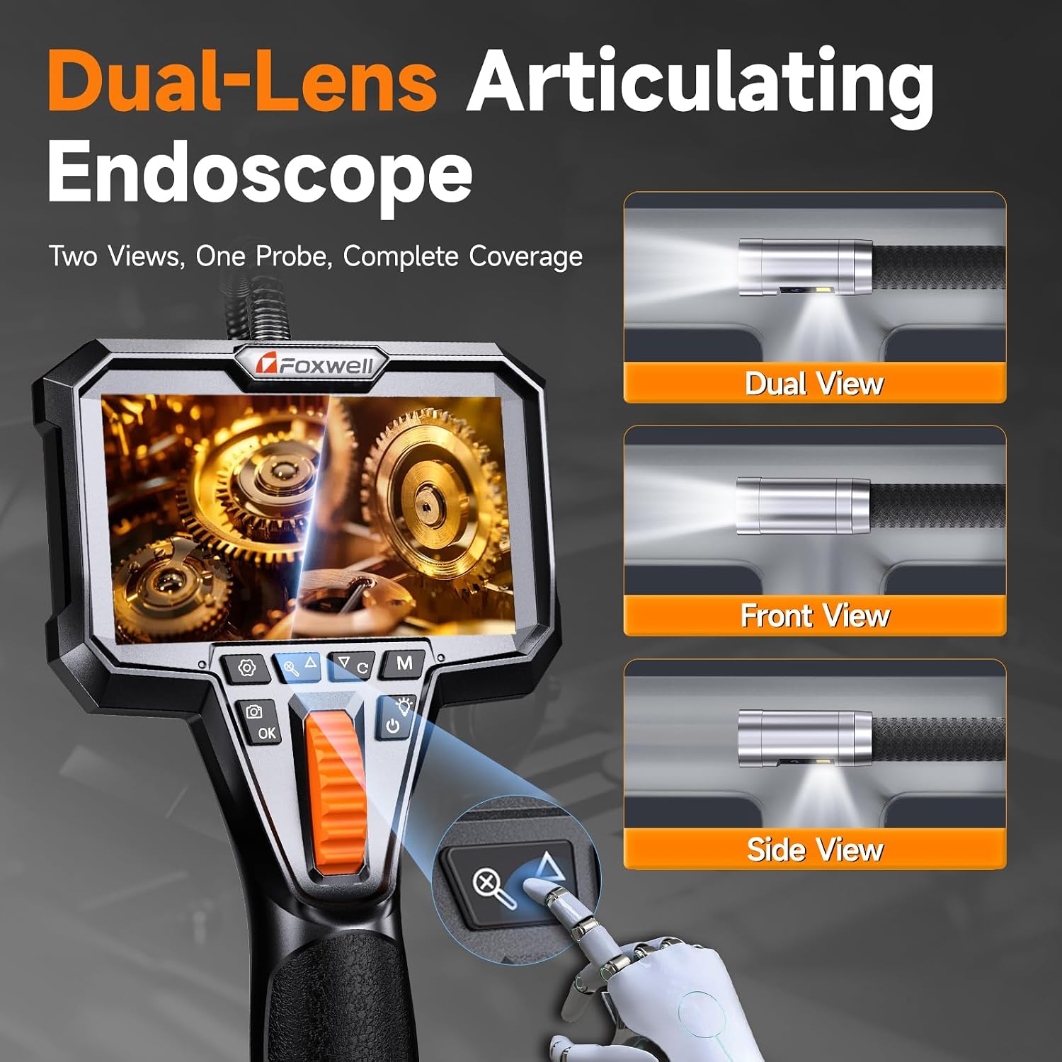 FOXWELL 10FT Dual Lens Borescope. 220° 2-Way Articulating Endoscope Camera | with Light. HD IPS Display. Semi-Rigid Snake Probe. Industrial Borescopes for Automotive Engine Pipe HVAC & Home Inspection