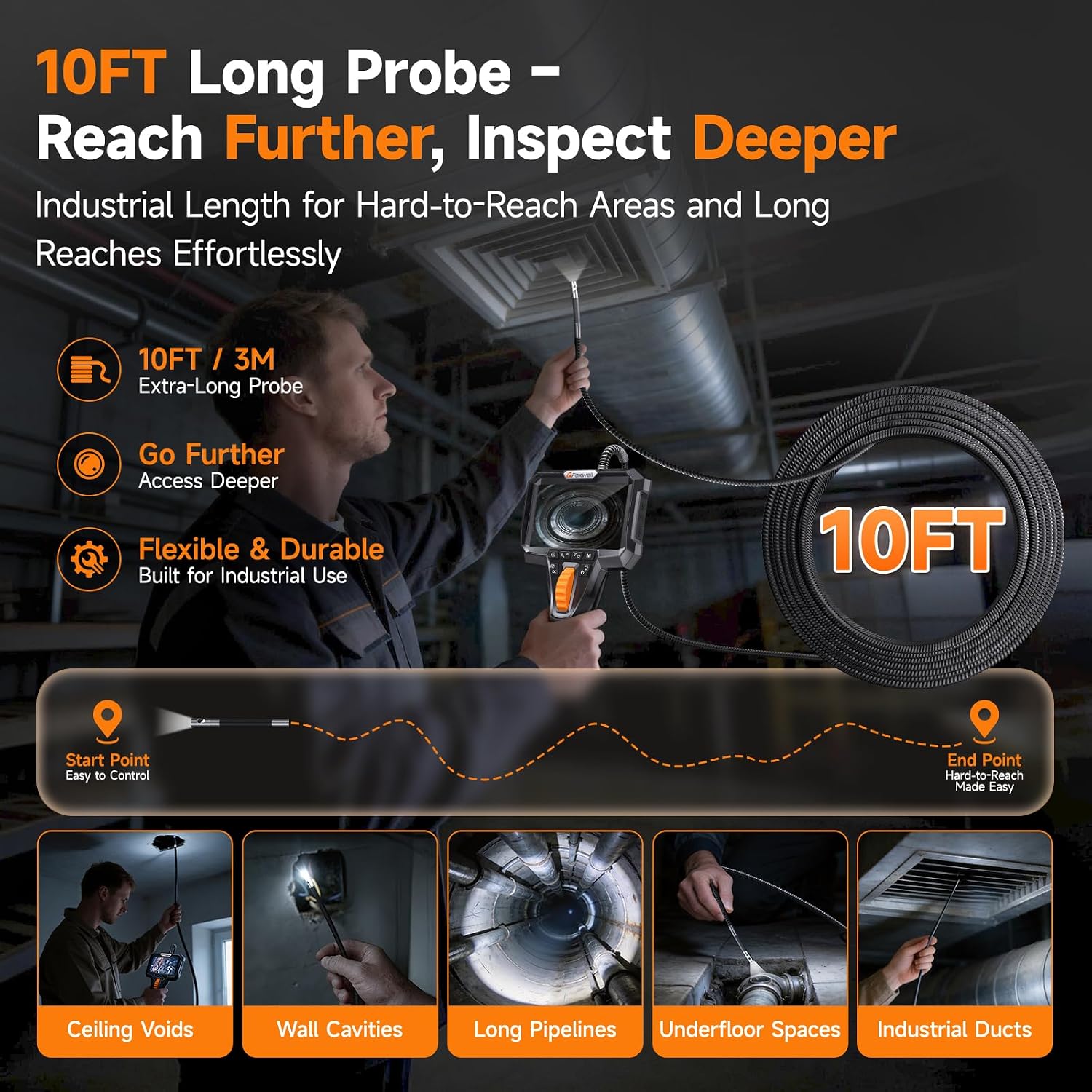 FOXWELL 10FT Dual Lens Borescope. 220° 2-Way Articulating Endoscope Camera | with Light. HD IPS Display. Semi-Rigid Snake Probe. Industrial Borescopes for Automotive Engine Pipe HVAC & Home Inspection
