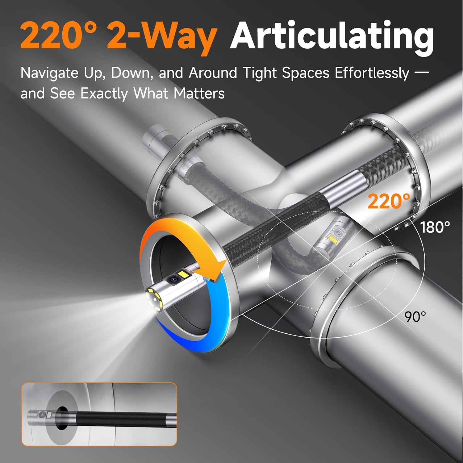 FOXWELL 10FT Dual Lens Borescope. 220° 2-Way Articulating Endoscope Camera | with Light. HD IPS Display. Semi-Rigid Snake Probe. Industrial Borescopes for Automotive Engine Pipe HVAC & Home Inspection