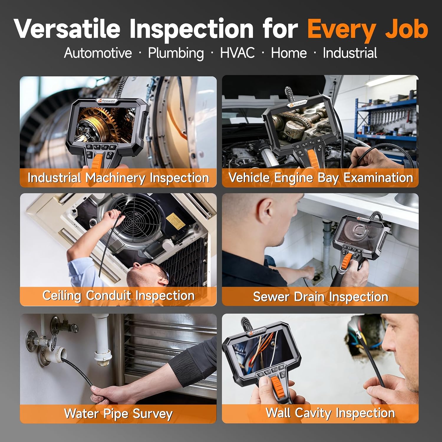 FOXWELL 10FT Dual Lens Borescope. 220° 2-Way Articulating Endoscope Camera | with Light. HD IPS Display. Semi-Rigid Snake Probe. Industrial Borescopes for Automotive Engine Pipe HVAC & Home Inspection