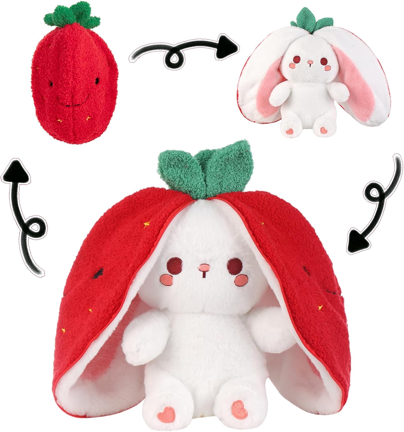 Emoin Reversible Bunny Strawberry Stuffed Animal. 13.7 Inch | 2-in-1 Zip & Flip