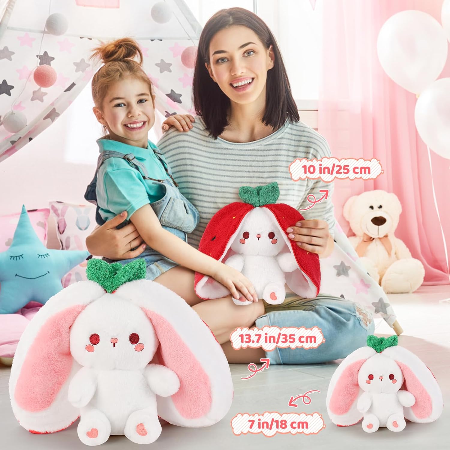 Emoin Reversible Bunny Strawberry Stuffed Animal. 13.7 Inch | 2-in-1 Zip & Flip
