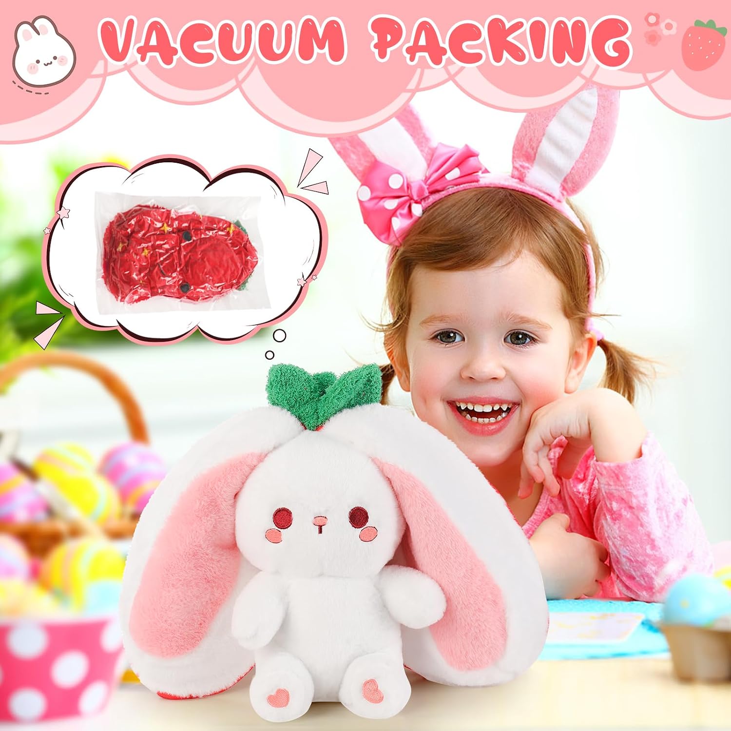 Emoin Reversible Bunny Strawberry Stuffed Animal. 13.7 Inch | 2-in-1 Zip & Flip