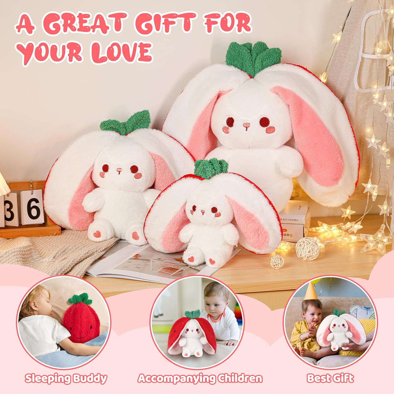 Emoin Reversible Bunny Strawberry Stuffed Animal. 13.7 Inch | 2-in-1 Zip & Flip