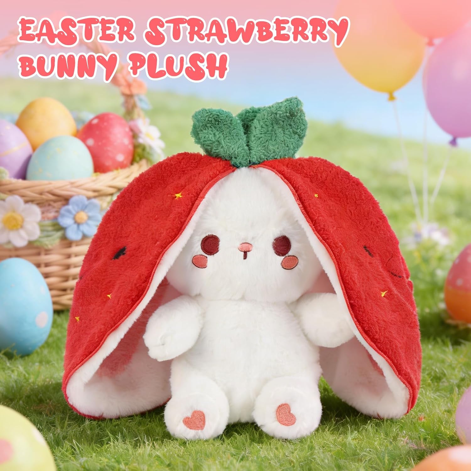 Emoin Reversible Bunny Strawberry Stuffed Animal. 13.7 Inch | 2-in-1 Zip & Flip