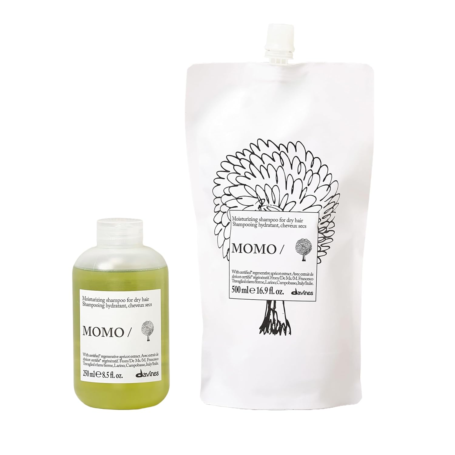 Davines Bundle of MOMO/Shampoo. 8.5 fl oz. + MOMO/Shampoo Refill | Moisturizing shampoo refill pouch for dry and dehydrated hair.