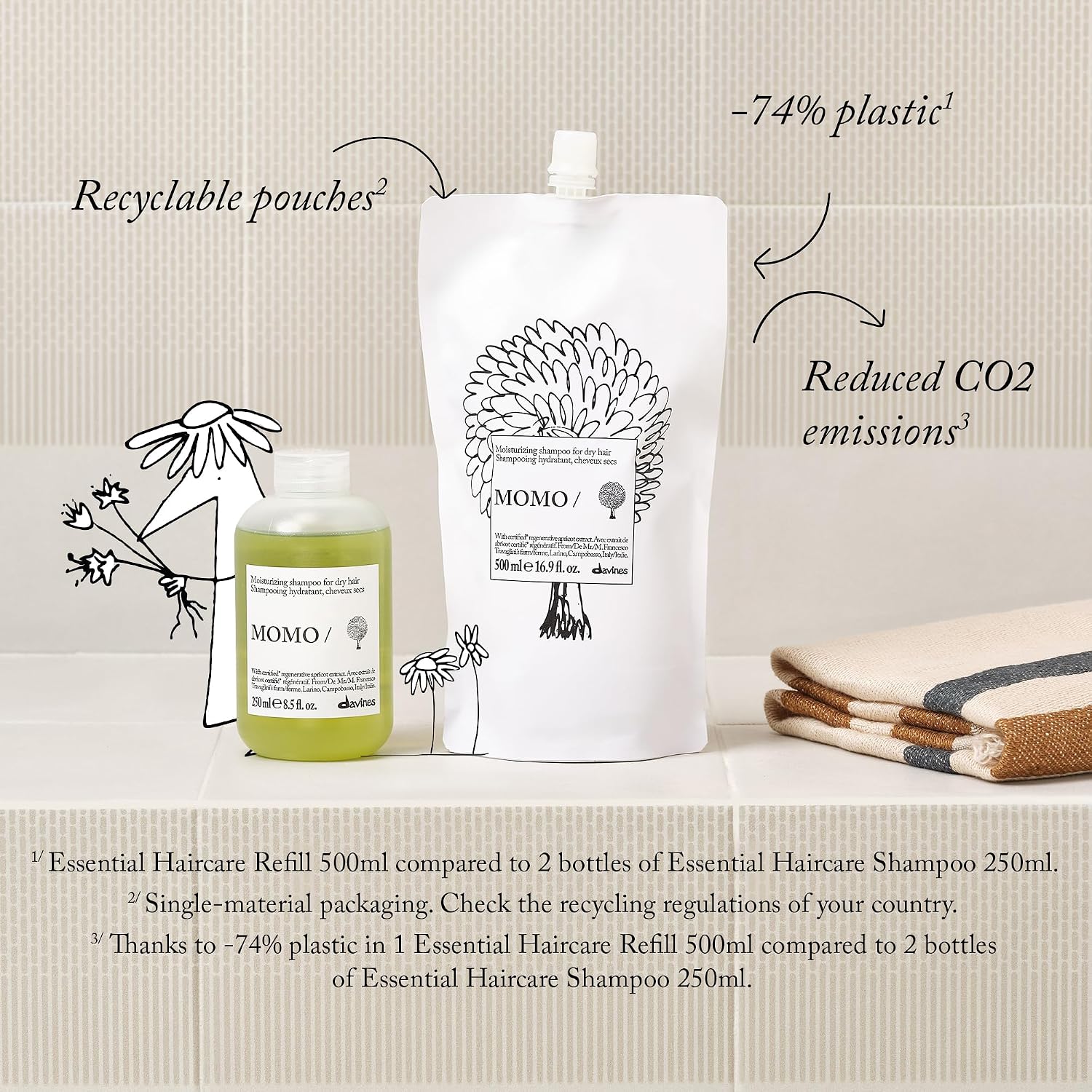 Davines Bundle of MOMO/Shampoo. 8.5 fl oz. + MOMO/Shampoo Refill | Moisturizing shampoo refill pouch for dry and dehydrated hair.