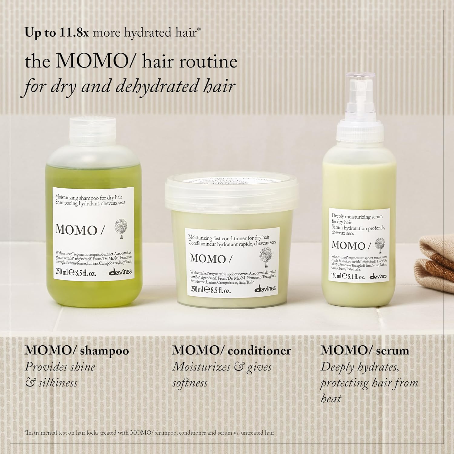 Davines Bundle of MOMO/Shampoo. 8.5 fl oz. + MOMO/Shampoo Refill | Moisturizing shampoo refill pouch for dry and dehydrated hair.