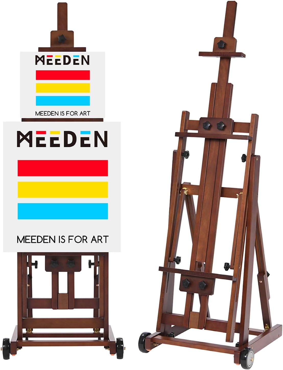 MEEDEN Studio H-Frame Easel -Adjustable Beech Wood Studio Art Easel. Painting Floor Easel Stand. Movable and Tilting Flat Available. Holds Canvas Art up to 77.Classic Walnut