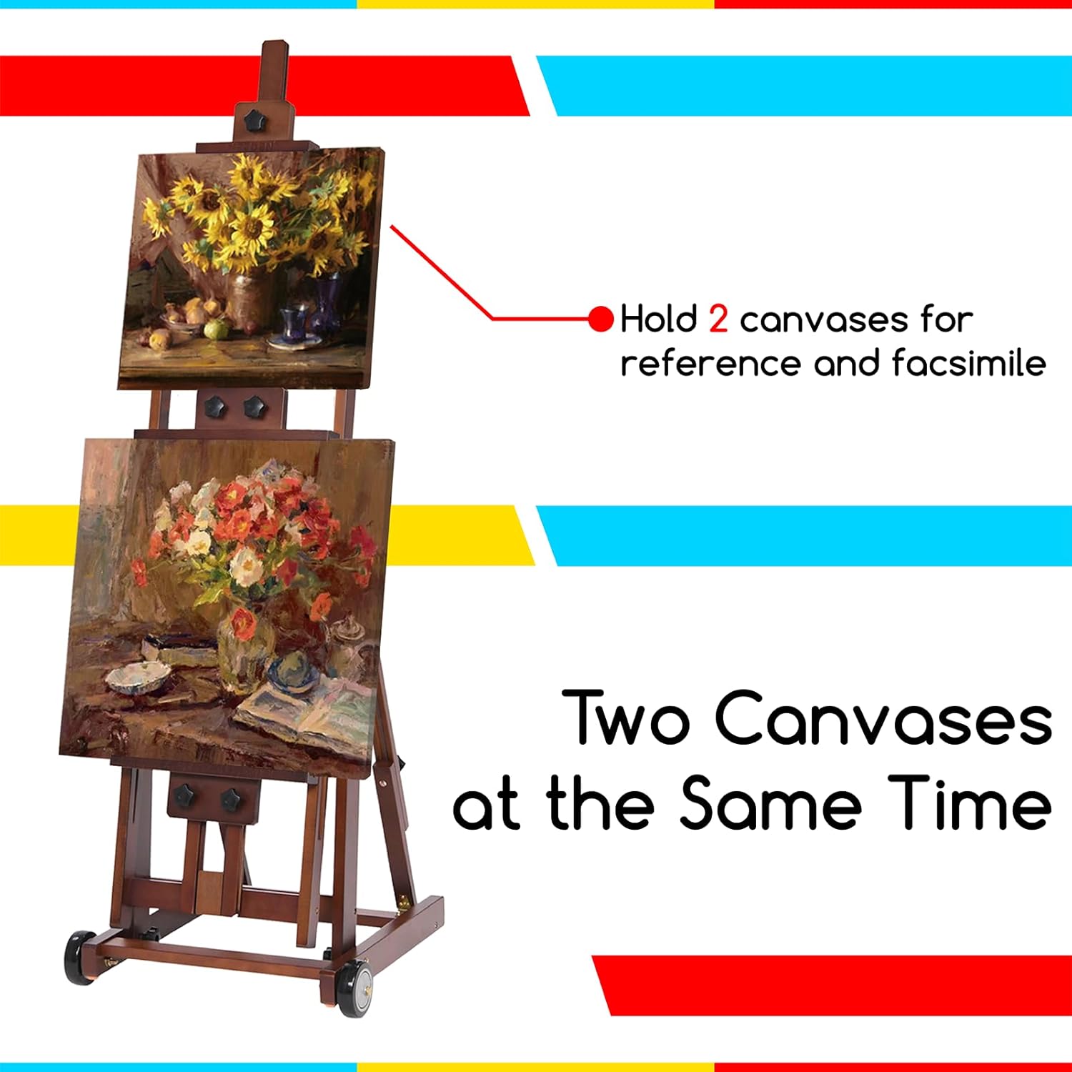 MEEDEN Studio H-Frame Easel -Adjustable Beech Wood Studio Art Easel. Painting Floor Easel Stand. Movable and Tilting Flat Available. Holds Canvas Art up to 77.Classic Walnut