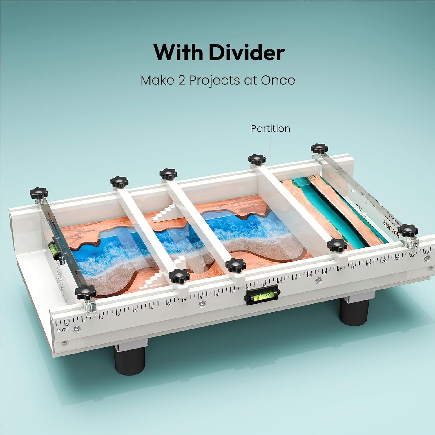 Resiners River Table Epoxy Mold. 24x12x3in with Adjustable Divider. 2 Pack | Dual-Casting Design. Adjustable Size. Transparent Depth Board. Built-in Bubble Levels and Clamp System for Precise Casting