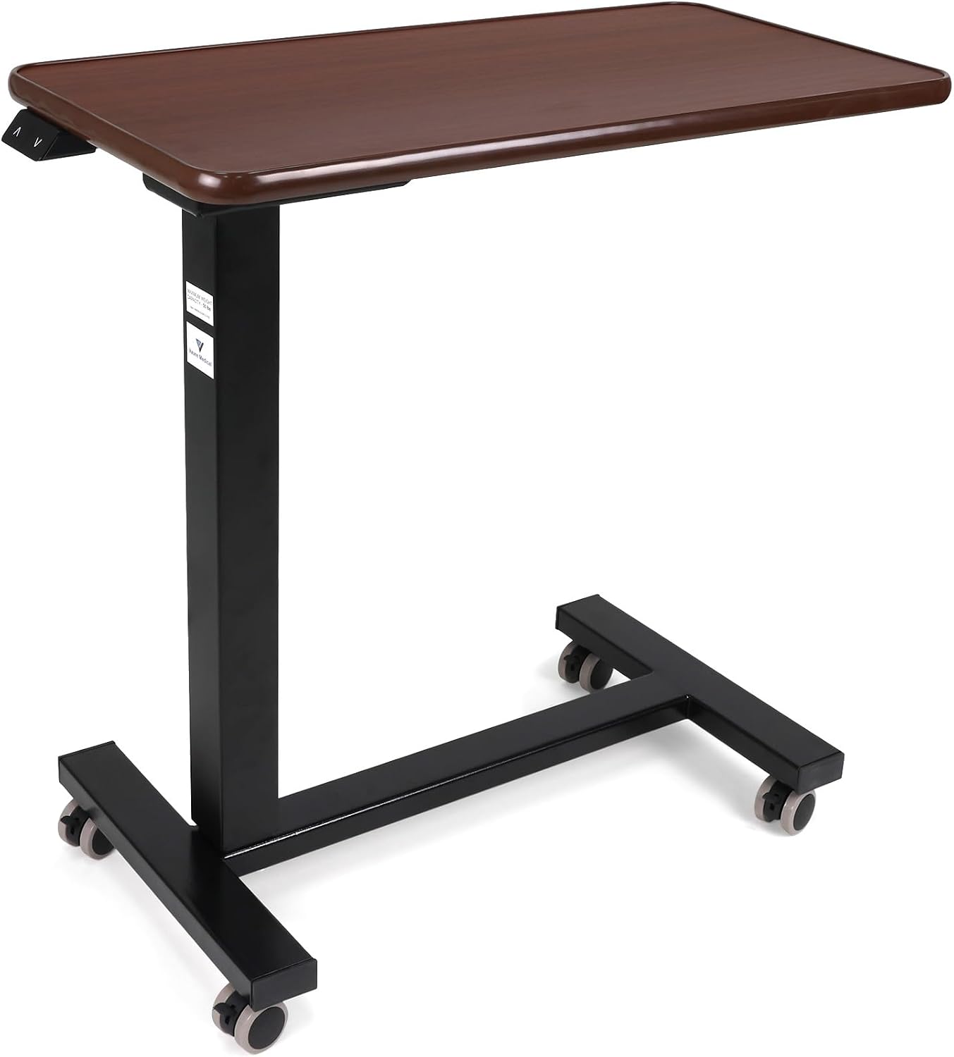 Vaunn Medical Electric Overbed Table Bedside Height Adjustable Table with Wheels (Electric-Powered. Hospital and Home Use) - Brown (Organic Modern)