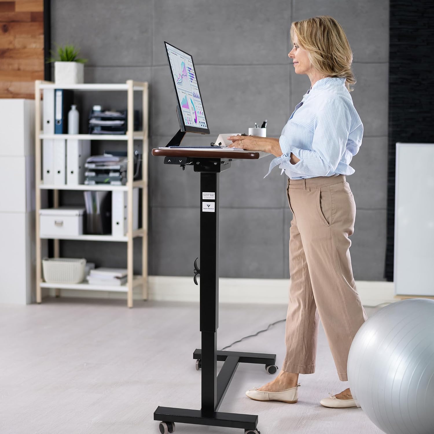 Vaunn Medical Electric Overbed Table Bedside Height Adjustable Table with Wheels (Electric-Powered. Hospital and Home Use) - Brown (Organic Modern)