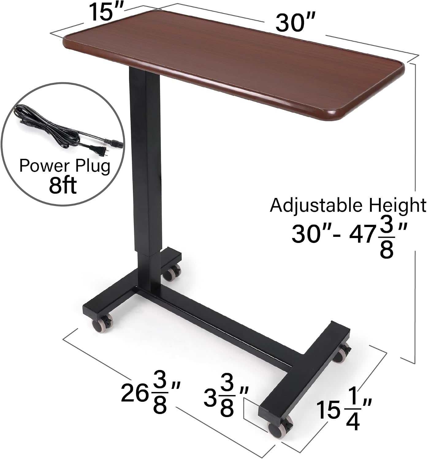 Vaunn Medical Electric Overbed Table Bedside Height Adjustable Table with Wheels (Electric-Powered. Hospital and Home Use) - Brown (Organic Modern)