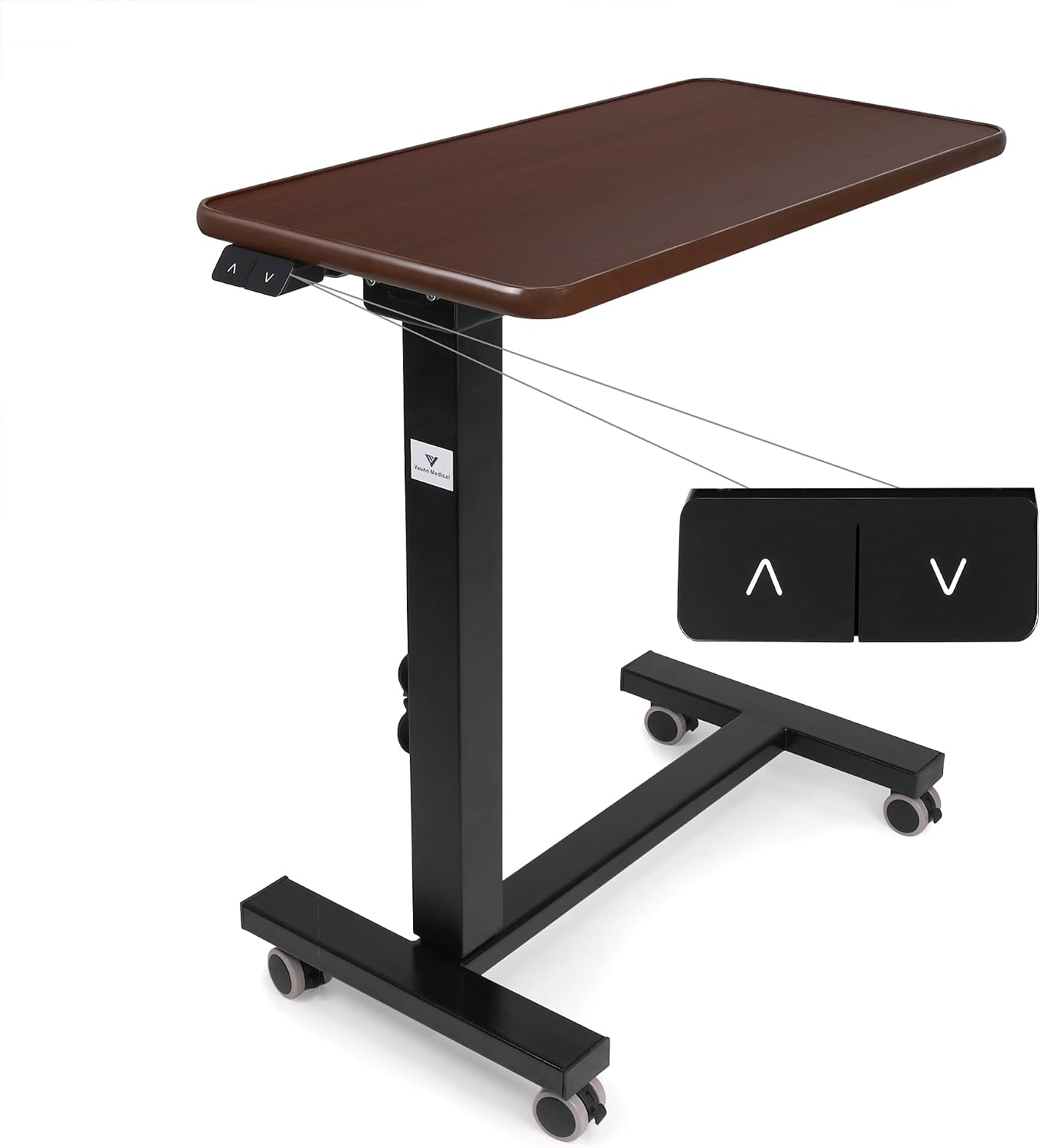 Vaunn Medical Electric Overbed Table Bedside Height Adjustable Table with Wheels (Electric-Powered. Hospital and Home Use) - Brown (Organic Modern)