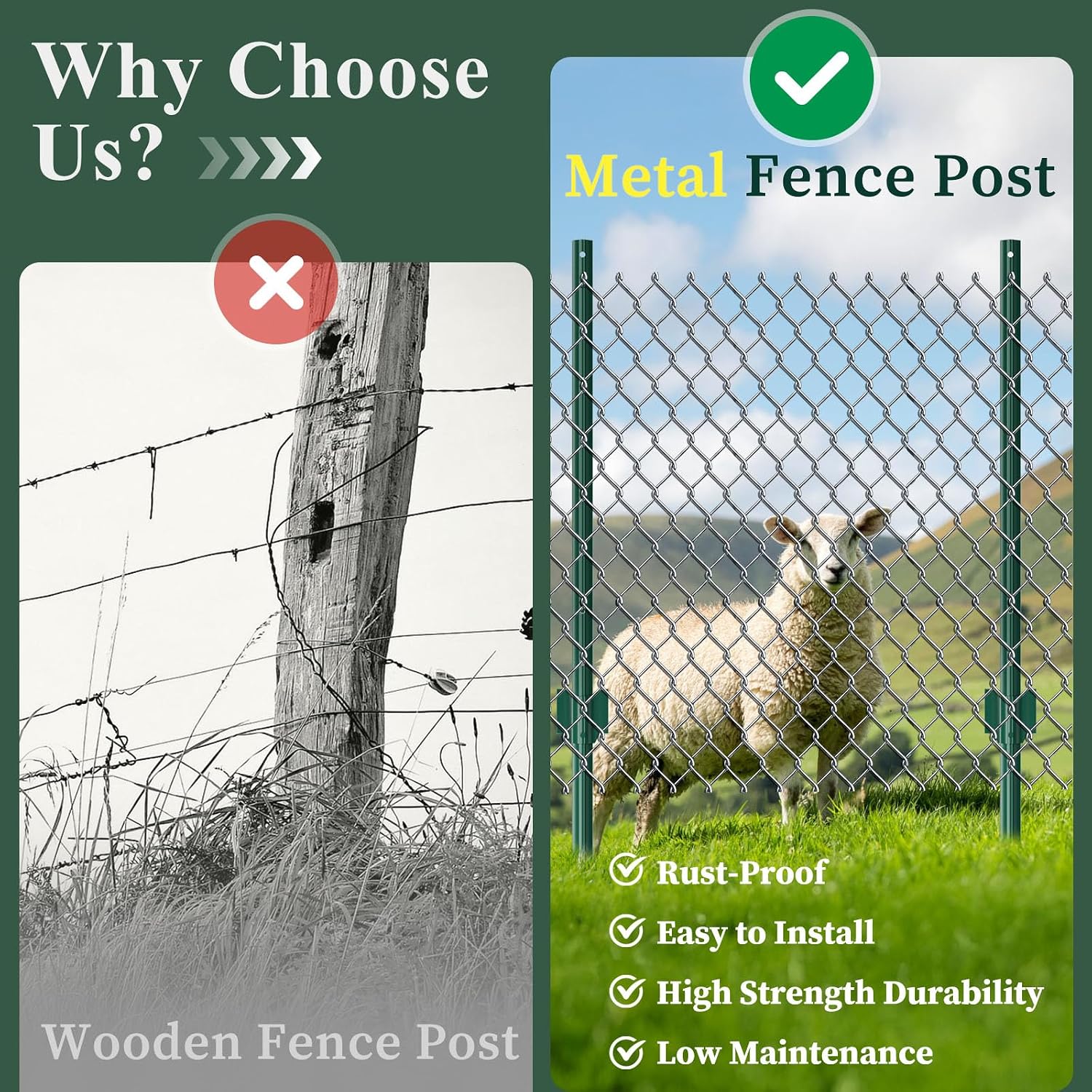 20 Pack Metal Fence Posts 5 FT Green – Heavy Duty U-Post Garden Stakes. No-Dig Post Anchors for Wire Fencing. Rustproof Powder-Coated Steel. Temporary Fencing & Corner Support for Farm. Yard & Garden