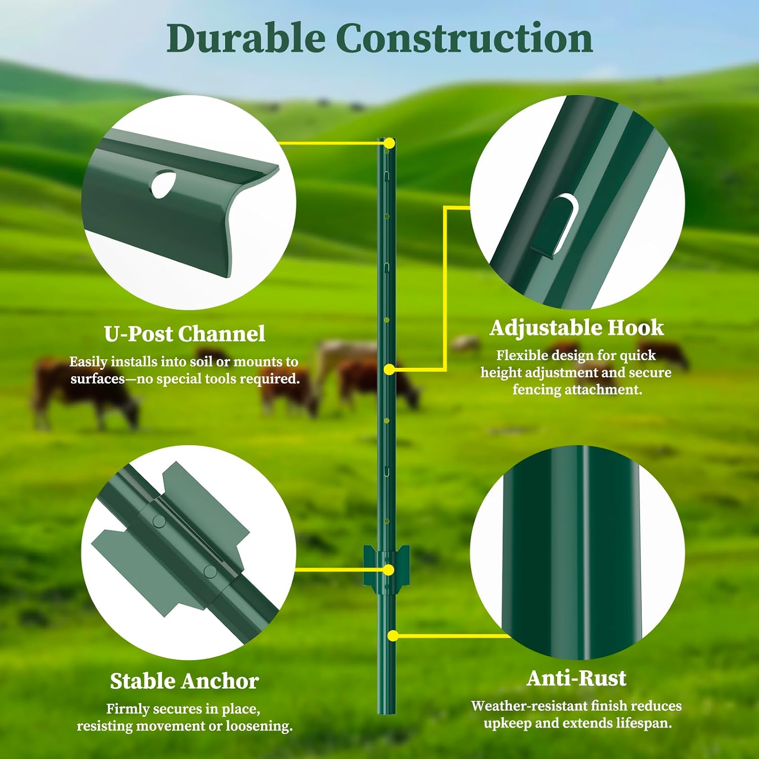 20 Pack Metal Fence Posts 5 FT Green – Heavy Duty U-Post Garden Stakes. No-Dig Post Anchors for Wire Fencing. Rustproof Powder-Coated Steel. Temporary Fencing & Corner Support for Farm. Yard & Garden
