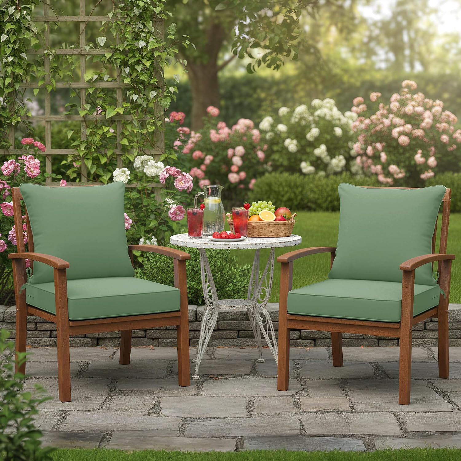 Summsun Outdoor Chair Cushions Set of 2. 22 x 22 Inch. Sage Green | Double-Sided Water Resistant. Removable Cover. Back Pillow & Seat Cushion. Tie Straps. Fit for Patio. Garden. Sofa Couch