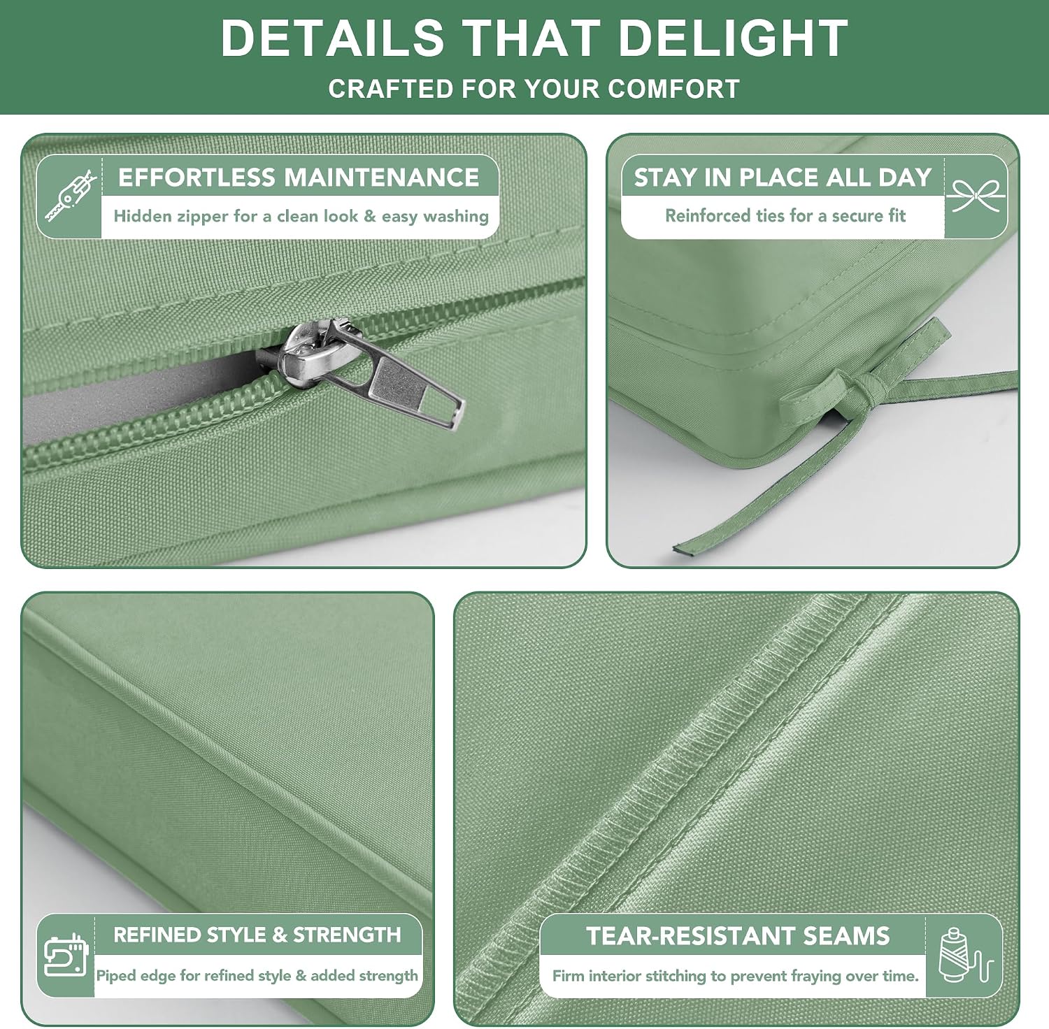 Summsun Outdoor Chair Cushions Set of 2. 22 x 22 Inch. Sage Green | Double-Sided Water Resistant. Removable Cover. Back Pillow & Seat Cushion. Tie Straps. Fit for Patio. Garden. Sofa Couch