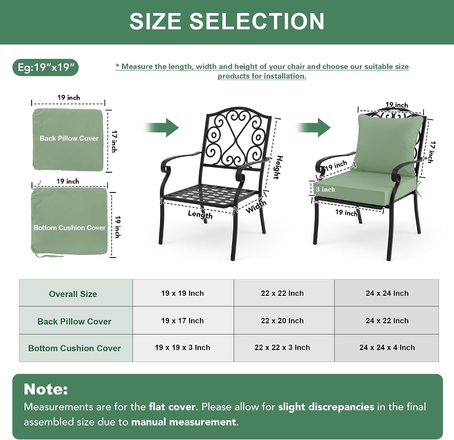 Summsun Outdoor Chair Cushions Set of 2. 22 x 22 Inch. Sage Green | Double-Sided Water Resistant. Removable Cover. Back Pillow & Seat Cushion. Tie Straps. Fit for Patio. Garden. Sofa Couch