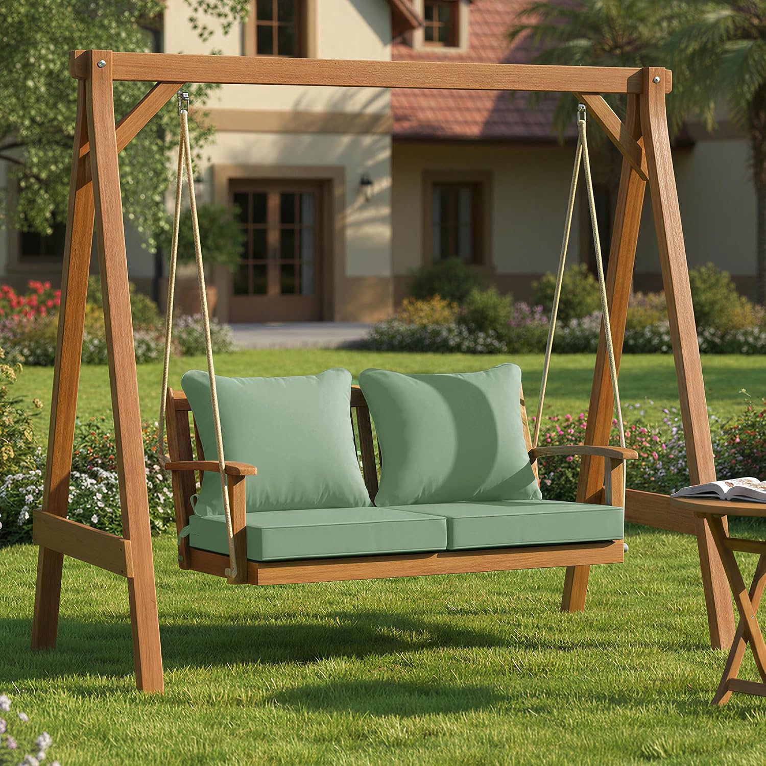 Summsun Outdoor Chair Cushions Set of 2. 22 x 22 Inch. Sage Green | Double-Sided Water Resistant. Removable Cover. Back Pillow & Seat Cushion. Tie Straps. Fit for Patio. Garden. Sofa Couch