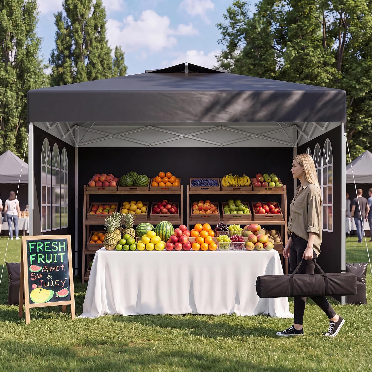Pone·vora 10x10 One Push Pop Up Canopy Tent with Vented Roof. Black | UPF 50+ UV Protection. 210D Waterproof Fabric. 3 Removable Sidewalls. Steel Frame. for Camping. Backyard Events