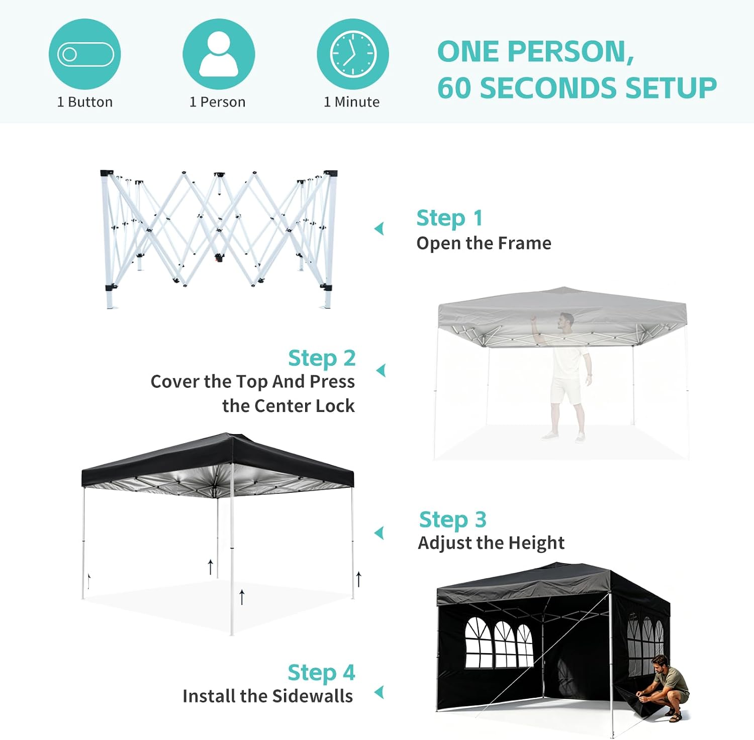 Pone·vora 10x10 One Push Pop Up Canopy Tent with Vented Roof. Black | UPF 50+ UV Protection. 210D Waterproof Fabric. 3 Removable Sidewalls. Steel Frame. for Camping. Backyard Events