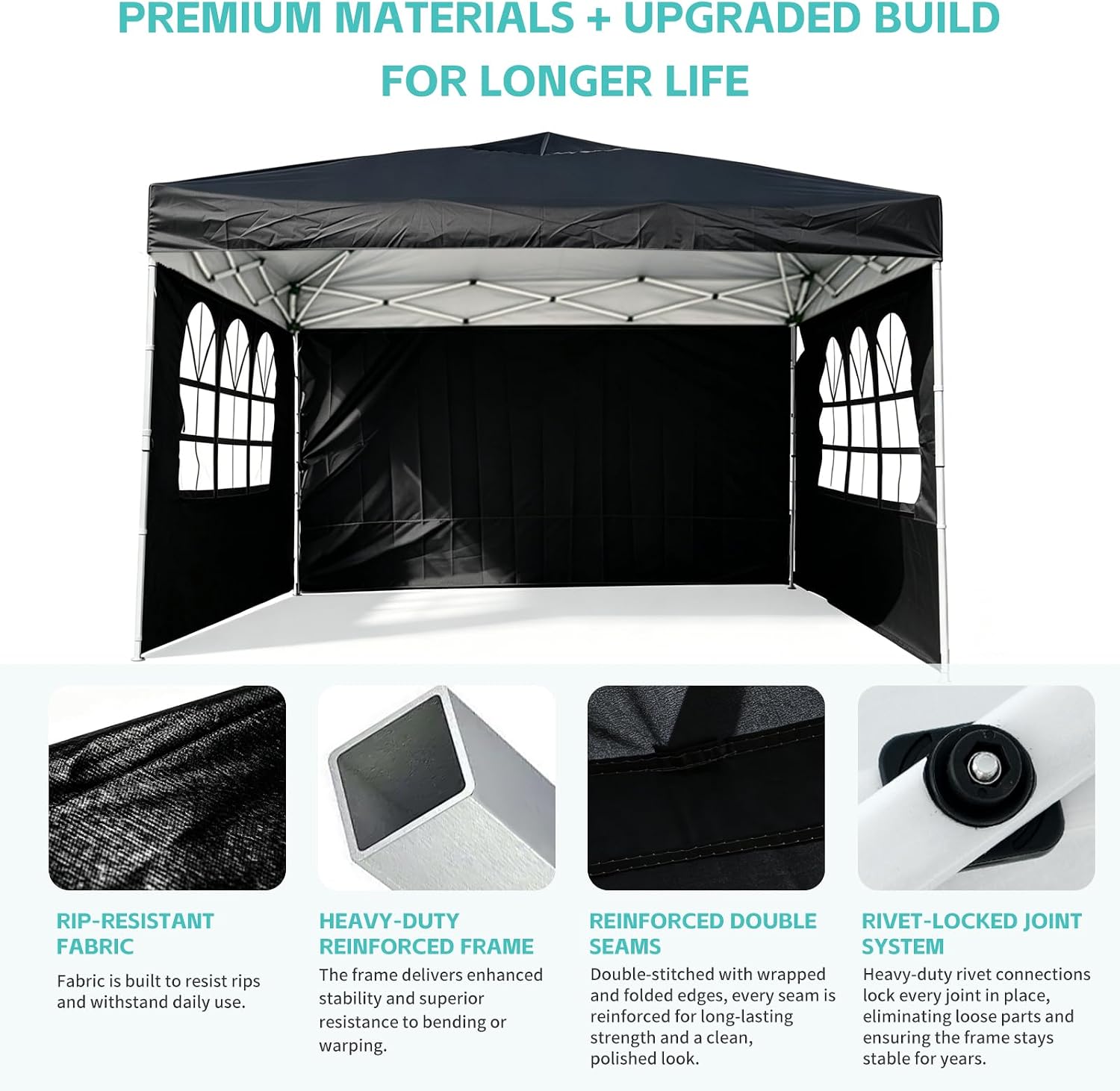 Pone·vora 10x10 One Push Pop Up Canopy Tent with Vented Roof. Black | UPF 50+ UV Protection. 210D Waterproof Fabric. 3 Removable Sidewalls. Steel Frame. for Camping. Backyard Events