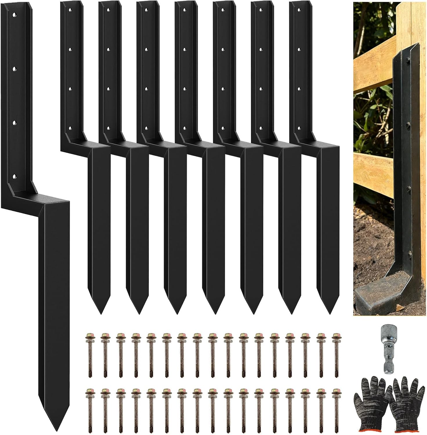 8PCS Fence Post Repair Kit. Heavy Duty Fence Posts Repair Stakes for Fix Wooden Broken Posts. Repair Tilted (8. Black)