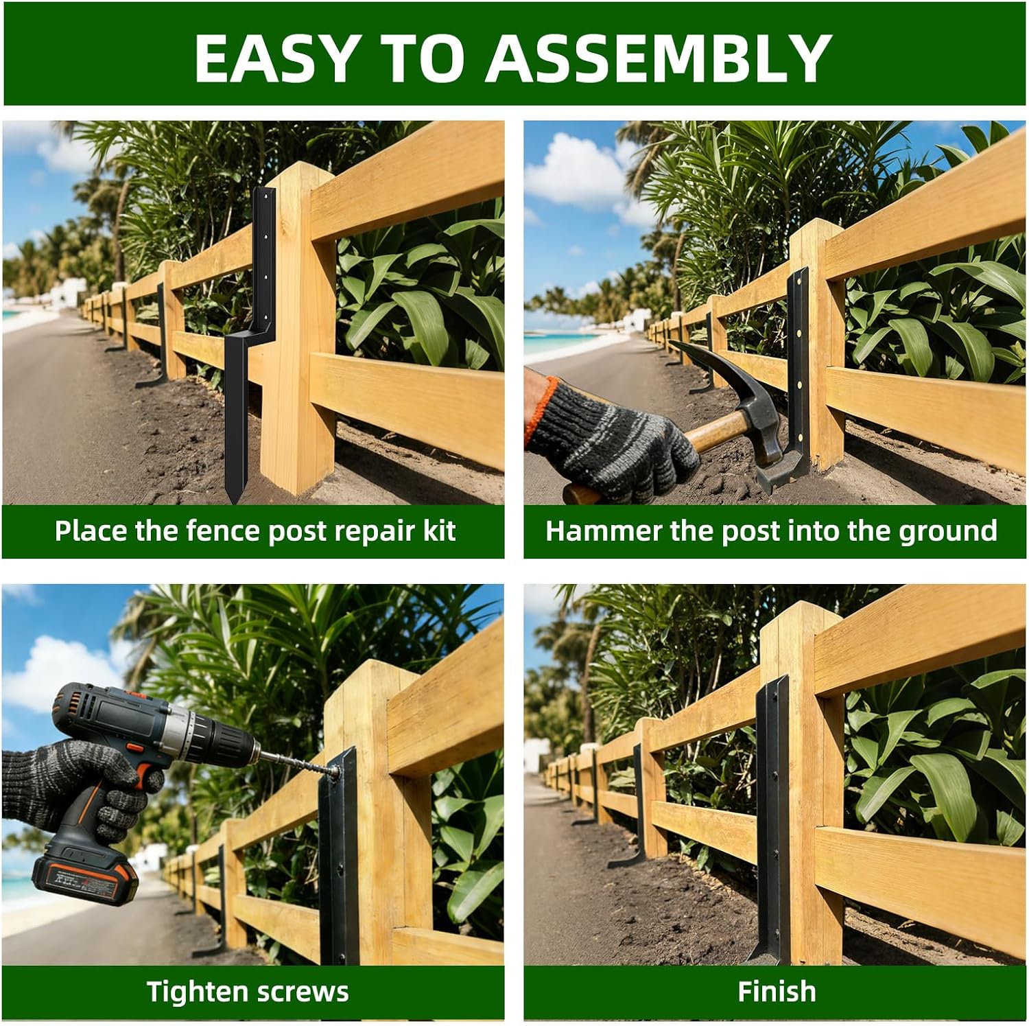 8PCS Fence Post Repair Kit. Heavy Duty Fence Posts Repair Stakes for Fix Wooden Broken Posts. Repair Tilted (8. Black)