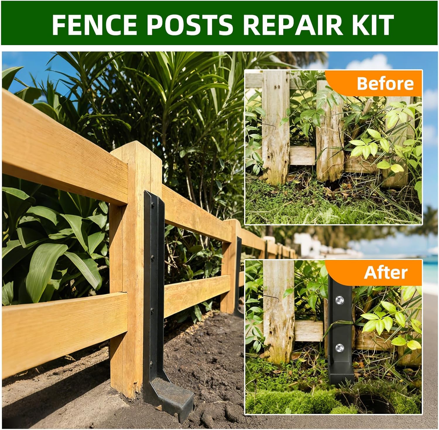 8PCS Fence Post Repair Kit. Heavy Duty Fence Posts Repair Stakes for Fix Wooden Broken Posts. Repair Tilted (8. Black)