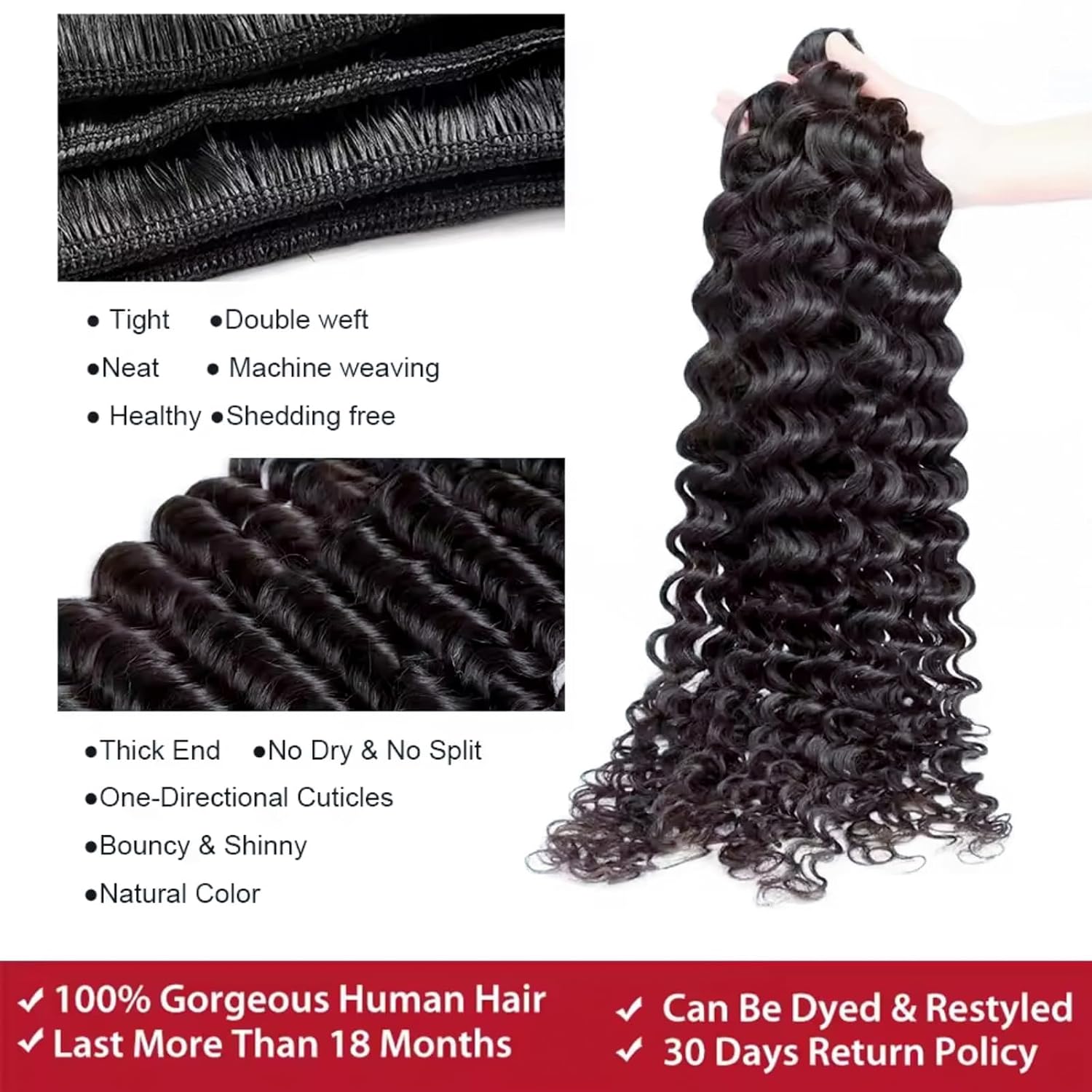12A Deep Wave Bundles Human Hair 22 22 24 24 Inch Unprocessed Brazilian Virgin Deep Curly Quick Weave 4 Bundles Hair Extensions for Women Natural Color