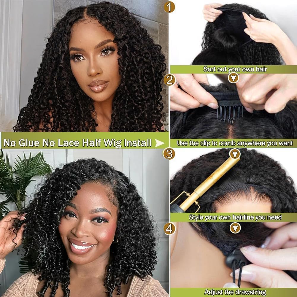 XNAIRA Half Wig Human Hair 3 In 1 Seamless Flip Over Half Wigs With Drawstring Half Wigs for Women Human Hair Glueless Wear and Go Half Up Half Down Headband Wig Human Hair(18 Inch.1b# Black) color