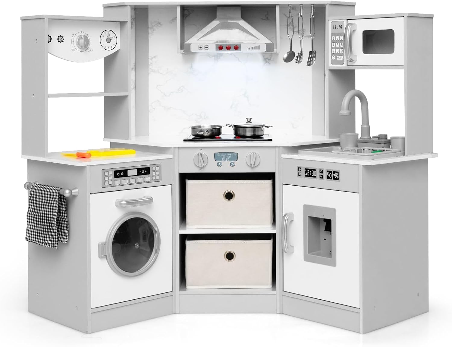 INFANS Kids Kitchen Playset with Real Running Water. Ultimate Wooden Corner Pretend Cooking Set with Simulation Light Sound Stove Storage Cabinet. Play Toy Gift